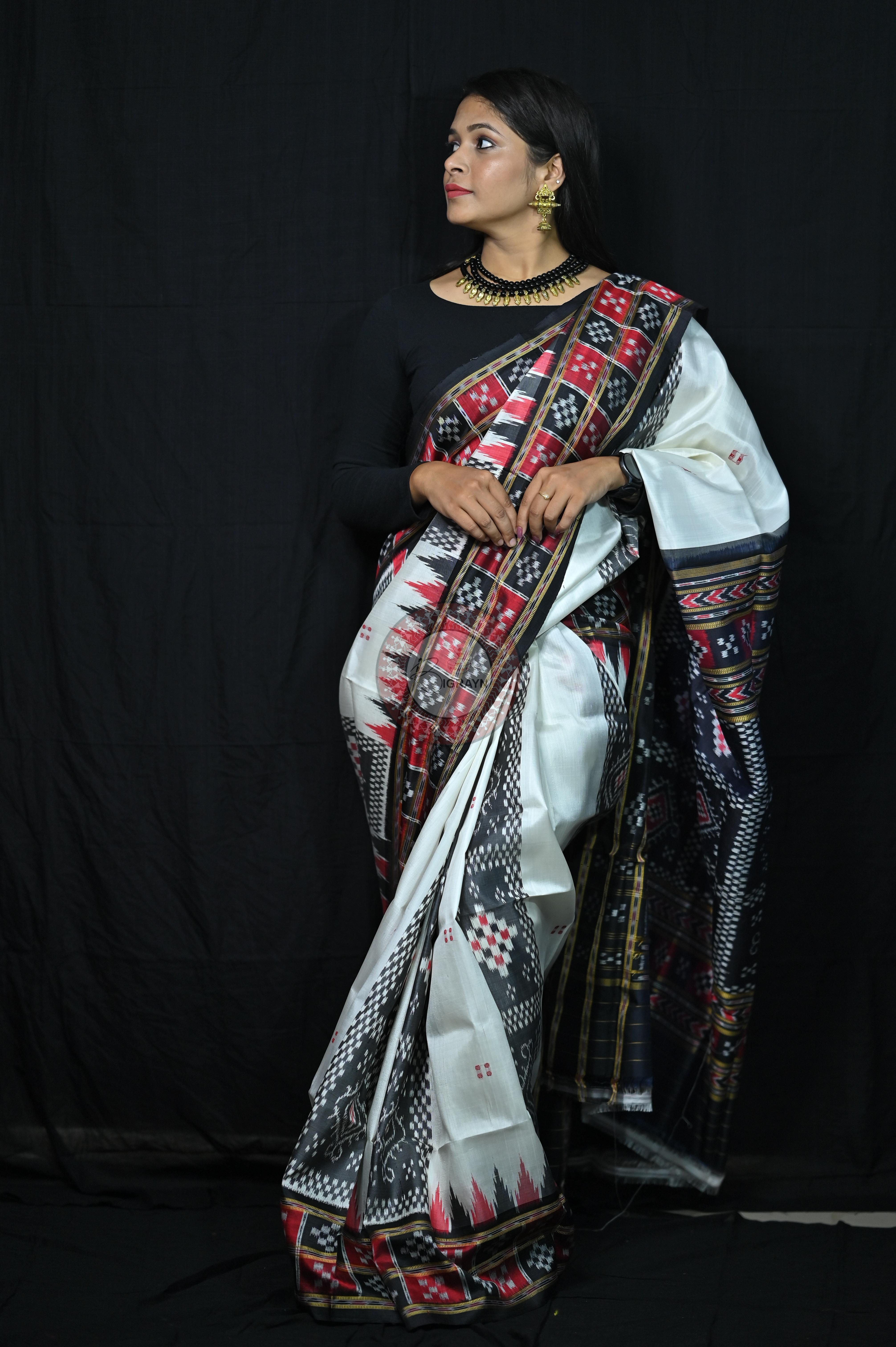 White Black 3D Border Pasapali Khandua Silk Saree