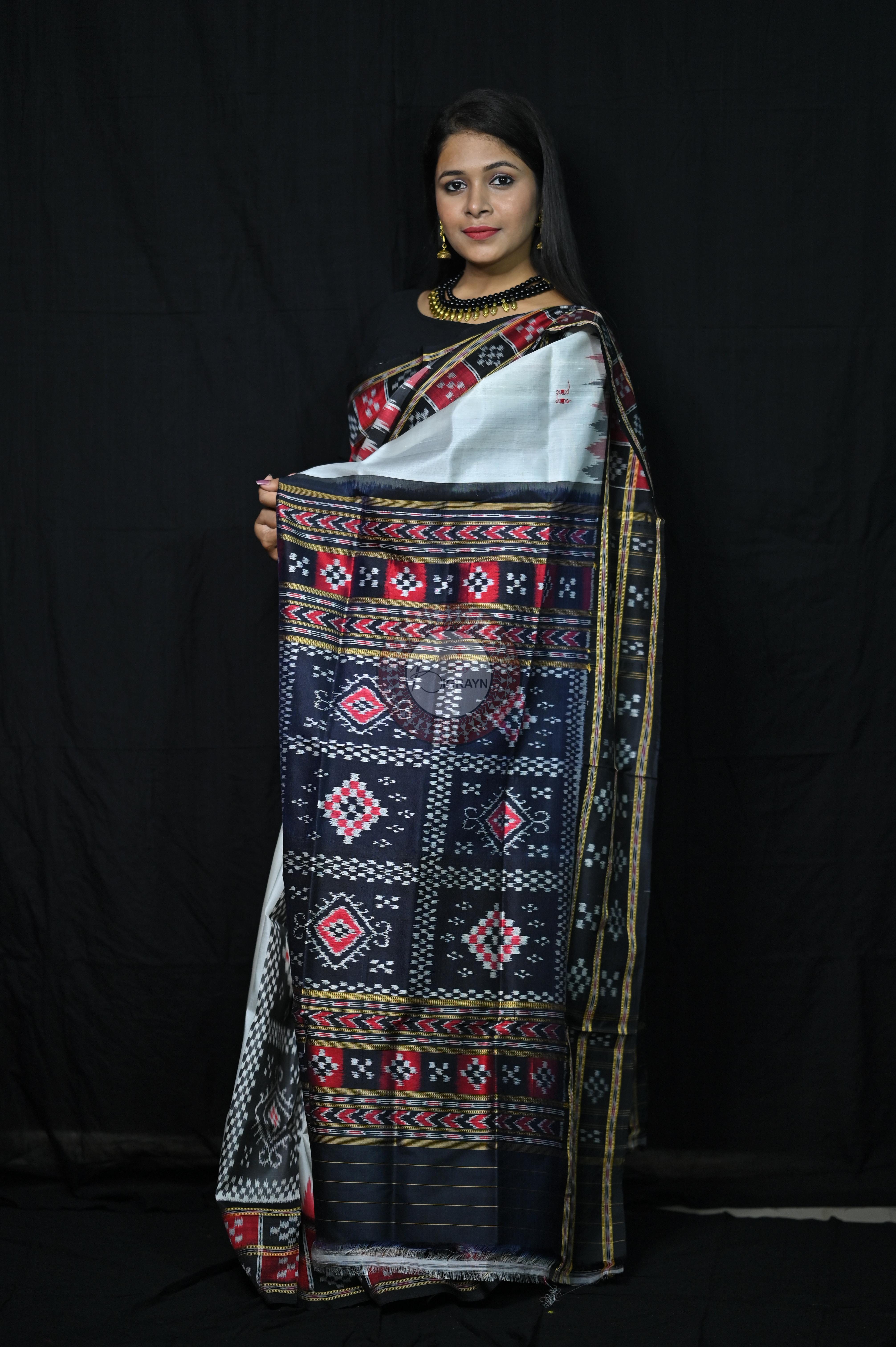 White Black 3D Border Pasapali Khandua Silk Saree