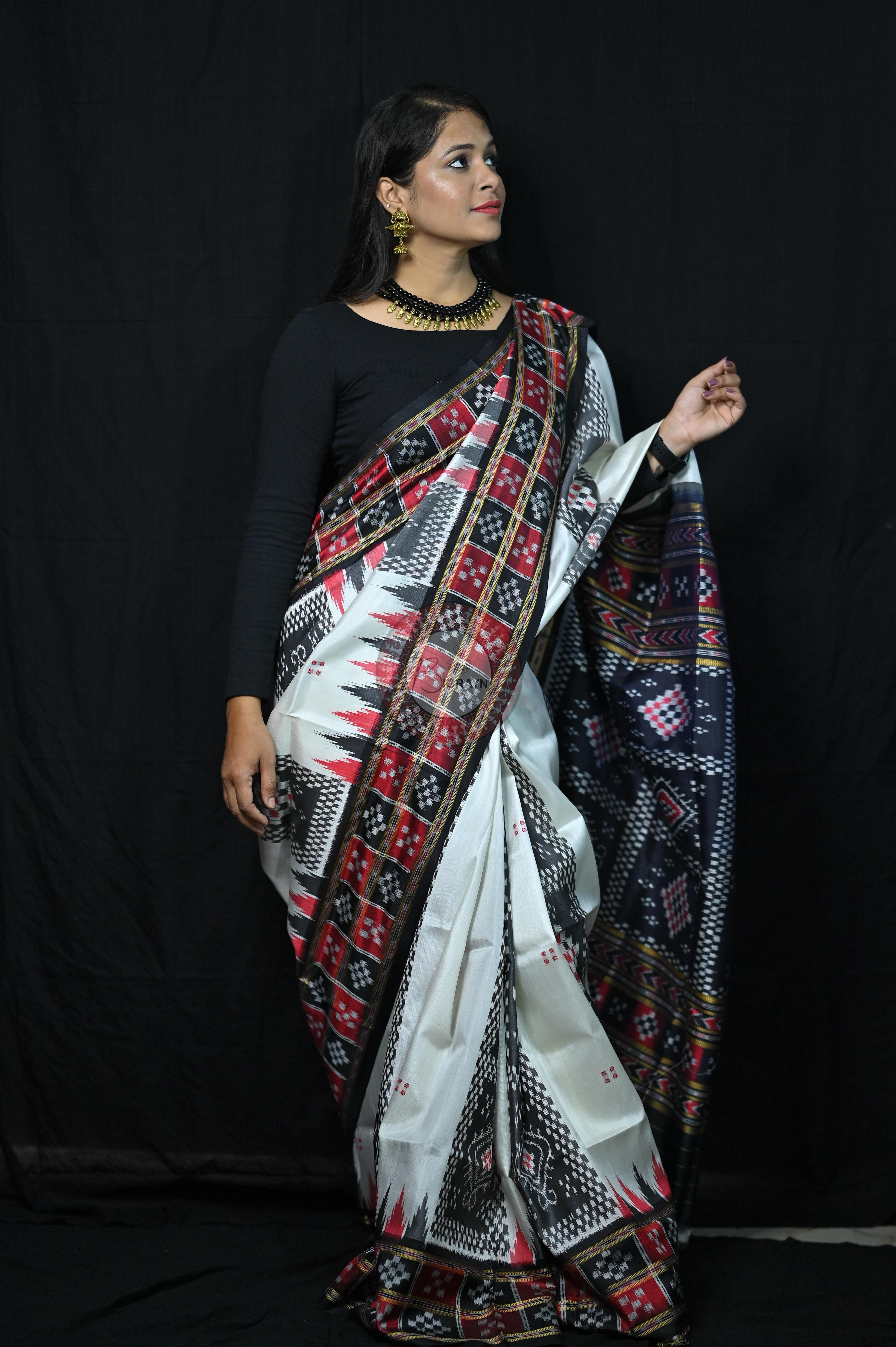 White Black 3D Border Pasapali Khandua Silk Saree