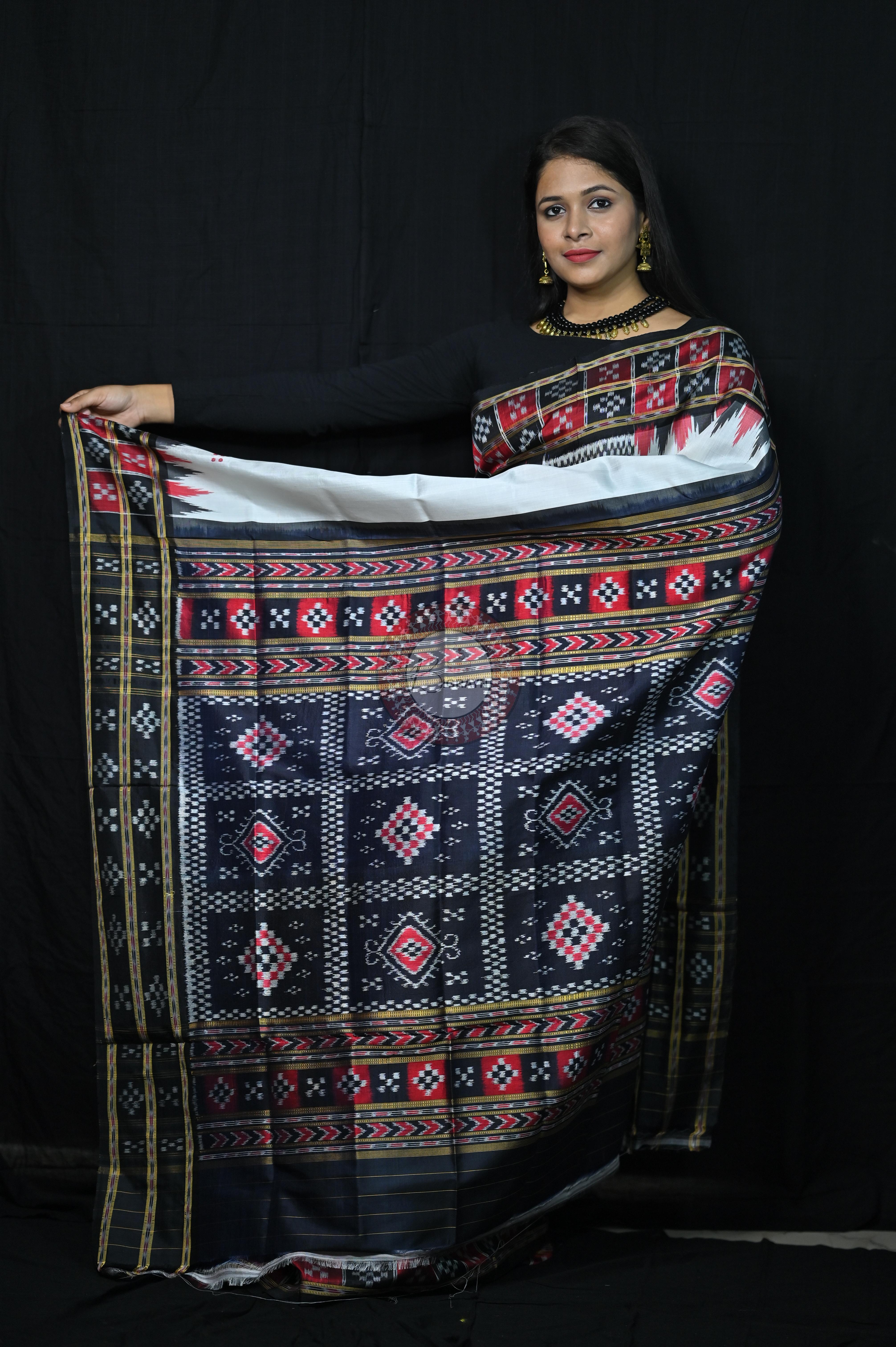 White Black 3D Border Pasapali Khandua Silk Saree