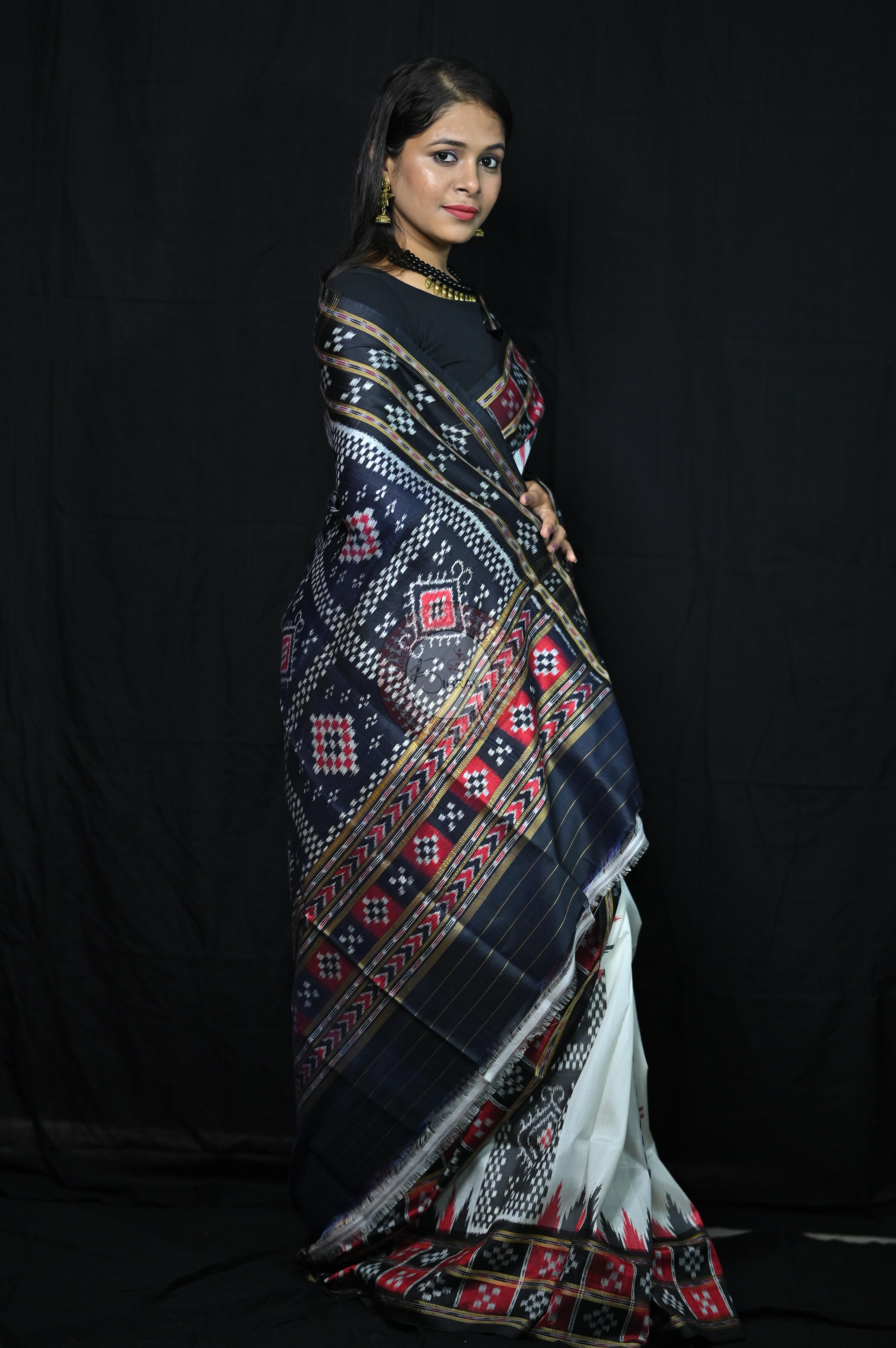 White Black 3D Border Pasapali Khandua Silk Saree