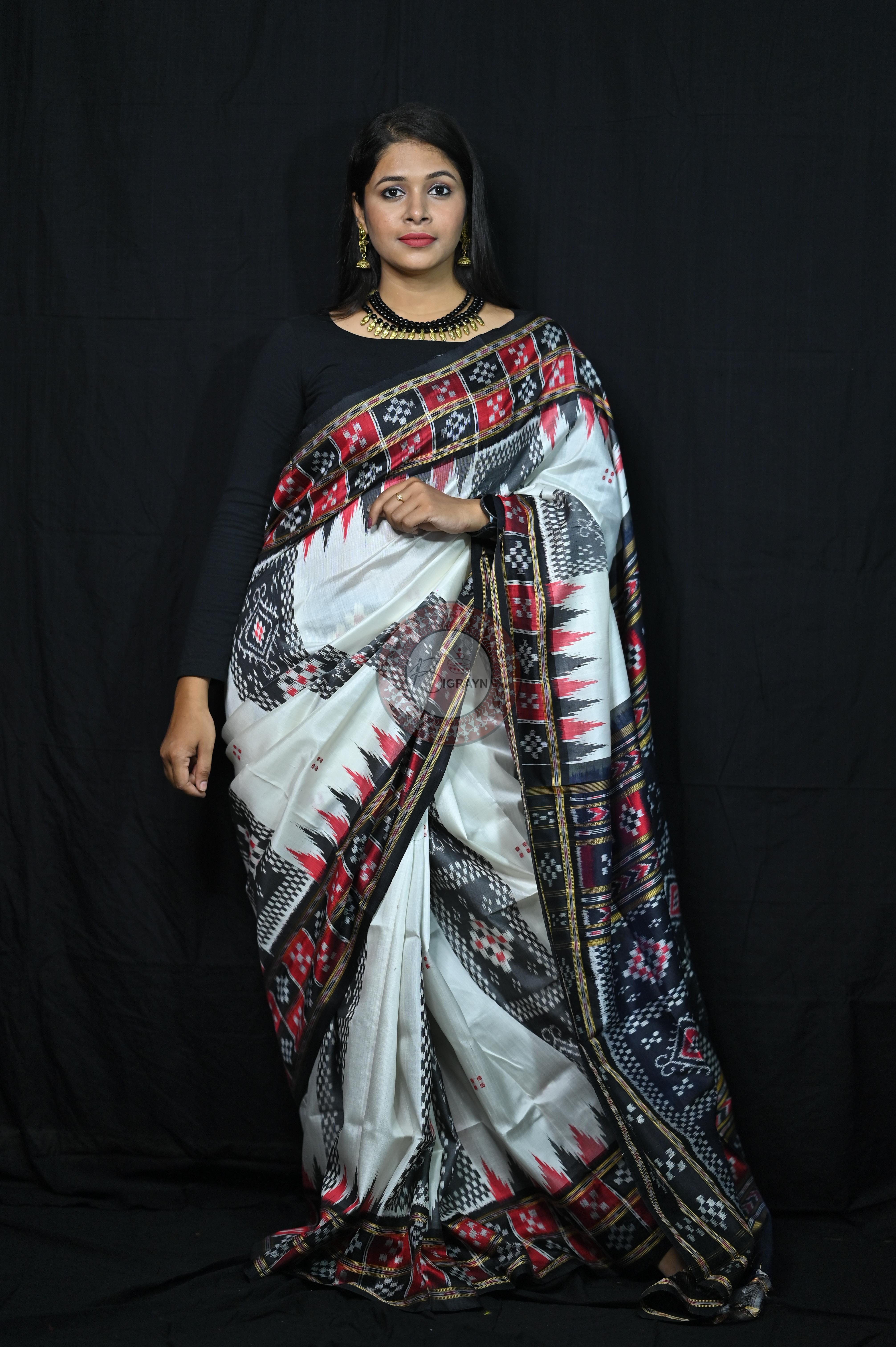 White Black 3D Border Pasapali Khandua Silk Saree