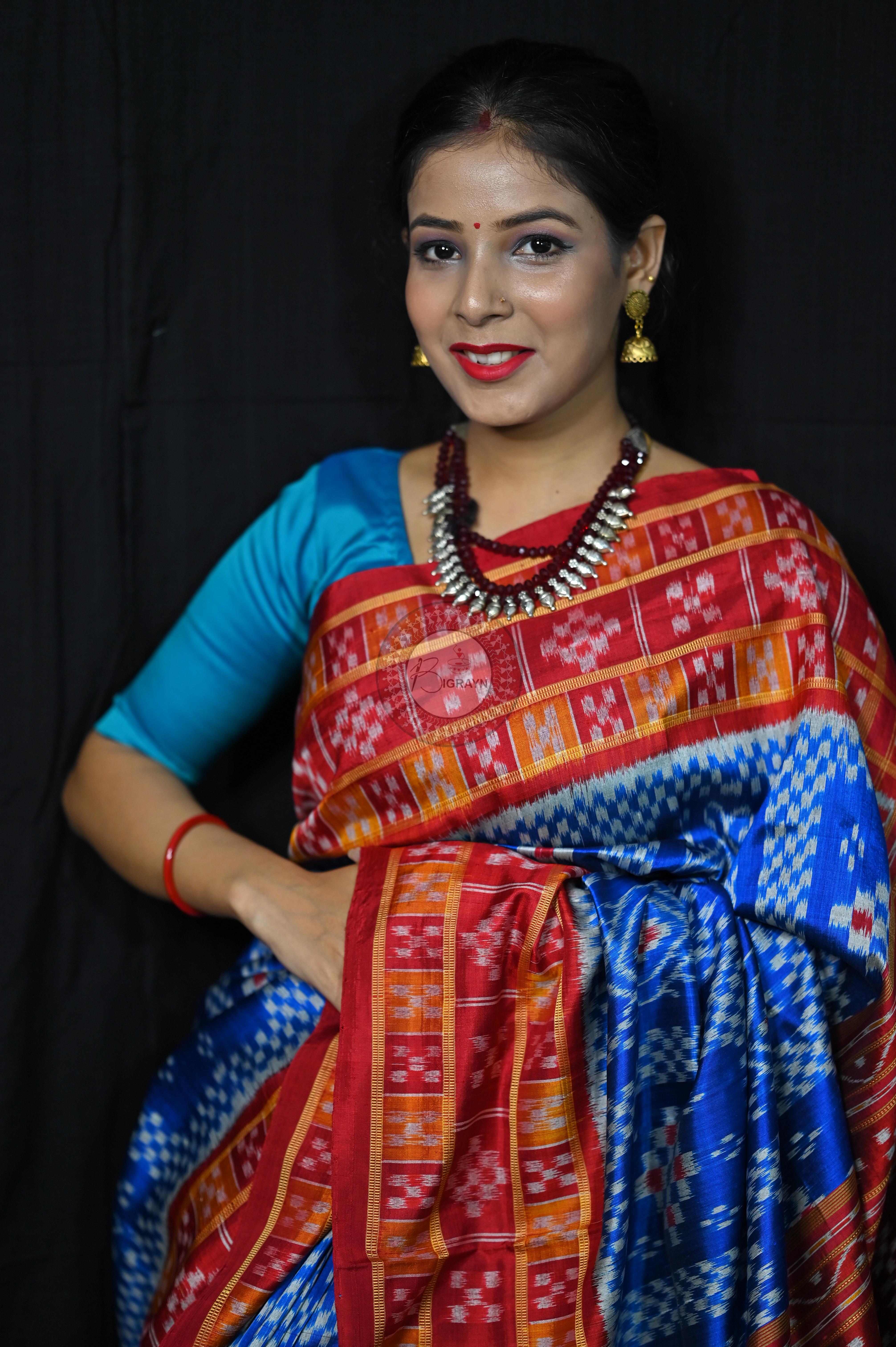 Blue Red 3D Border Pasapali Khandua Silk Saree