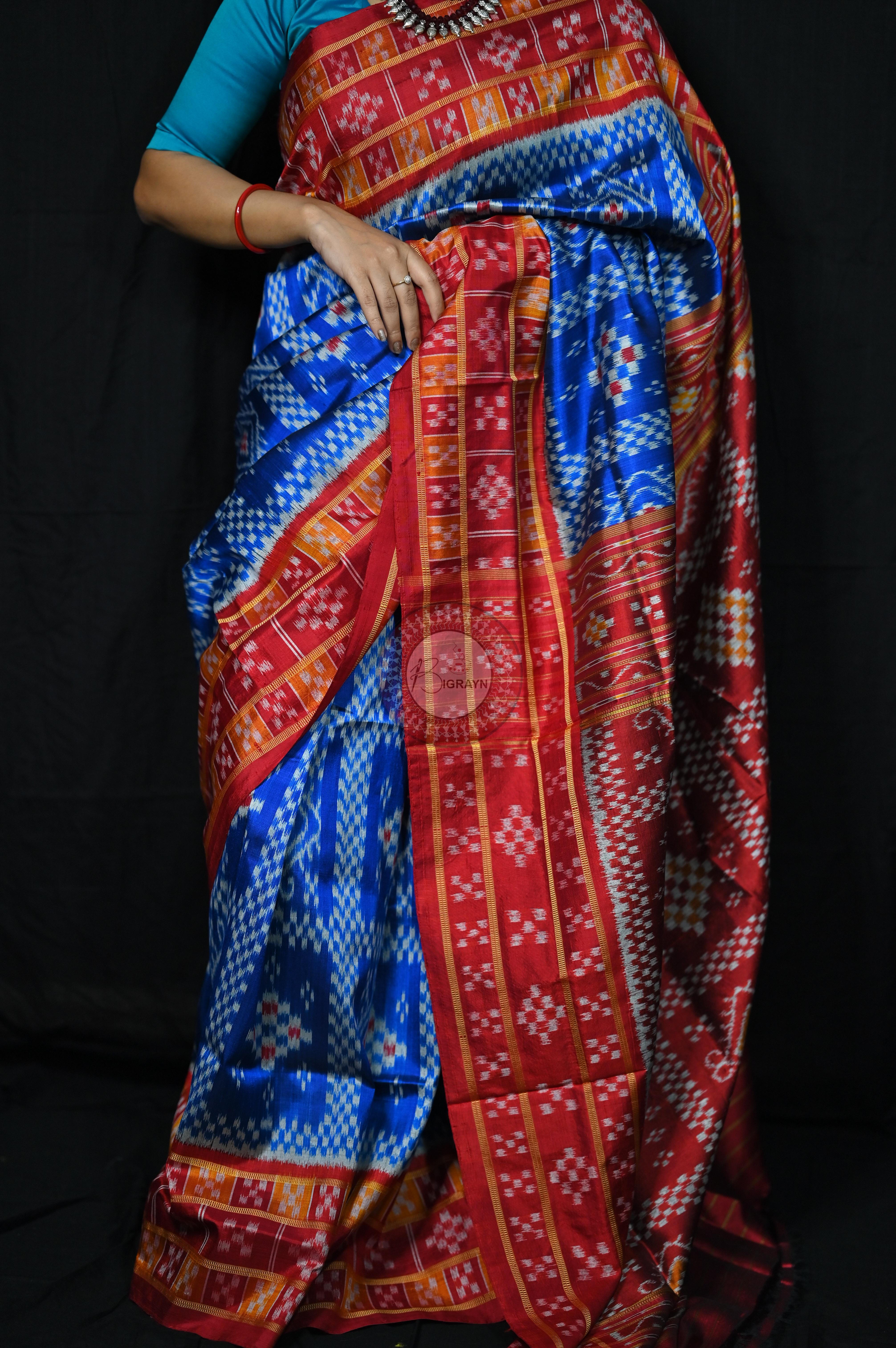 Blue Red 3D Border Pasapali Khandua Silk Saree