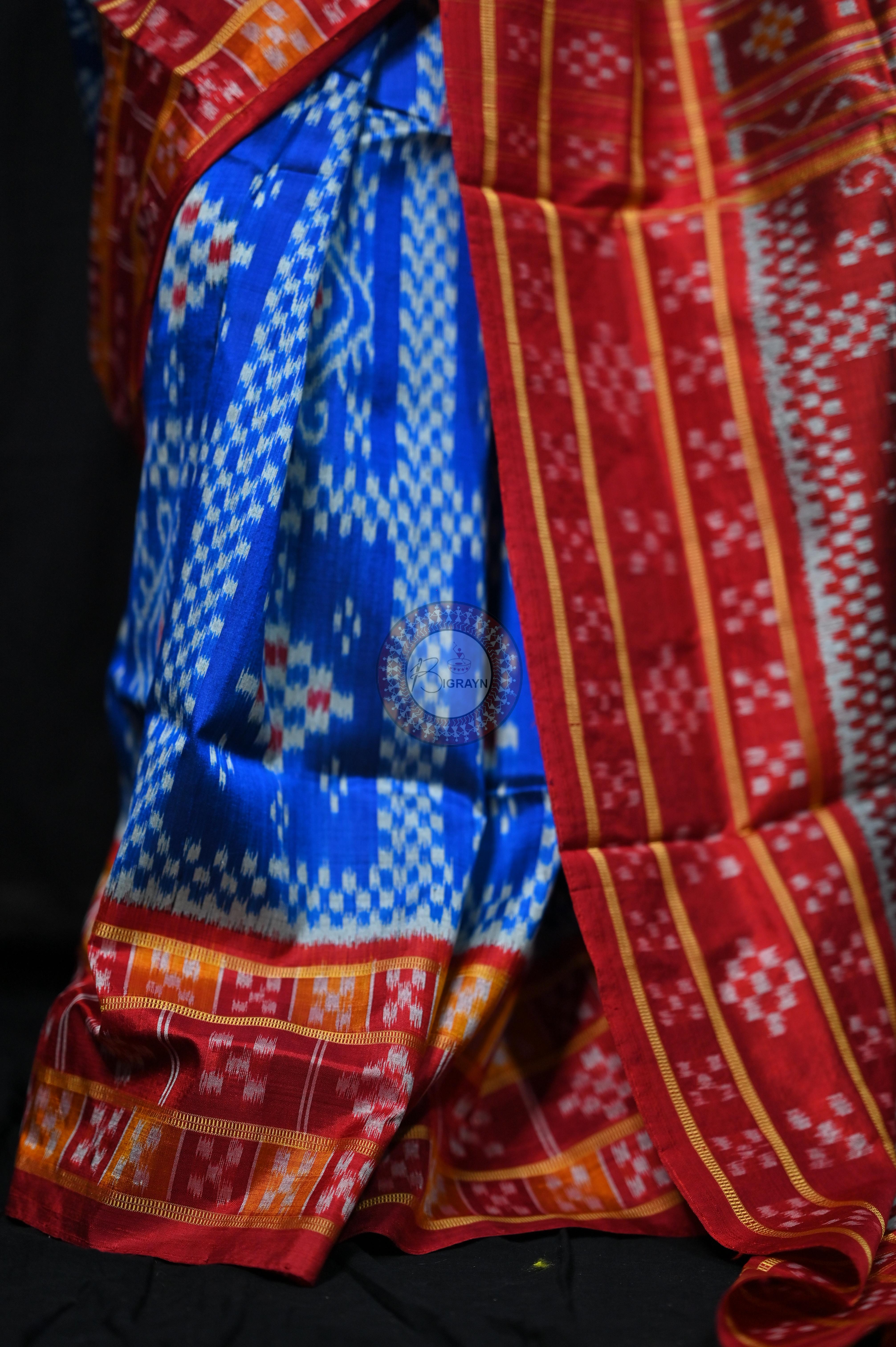 Blue Red 3D Border Pasapali Khandua Silk Saree
