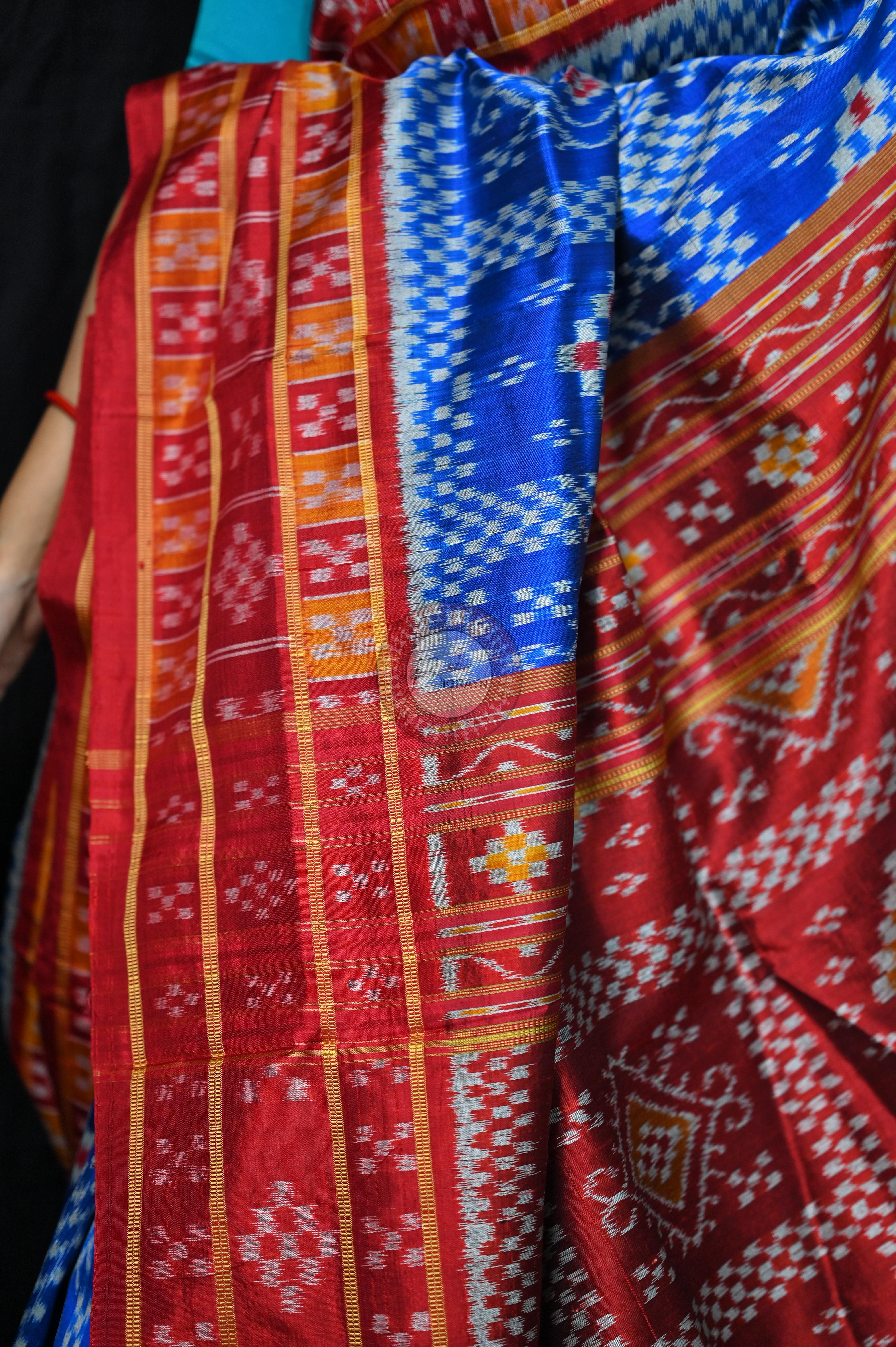 Blue Red 3D Border Pasapali Khandua Silk Saree