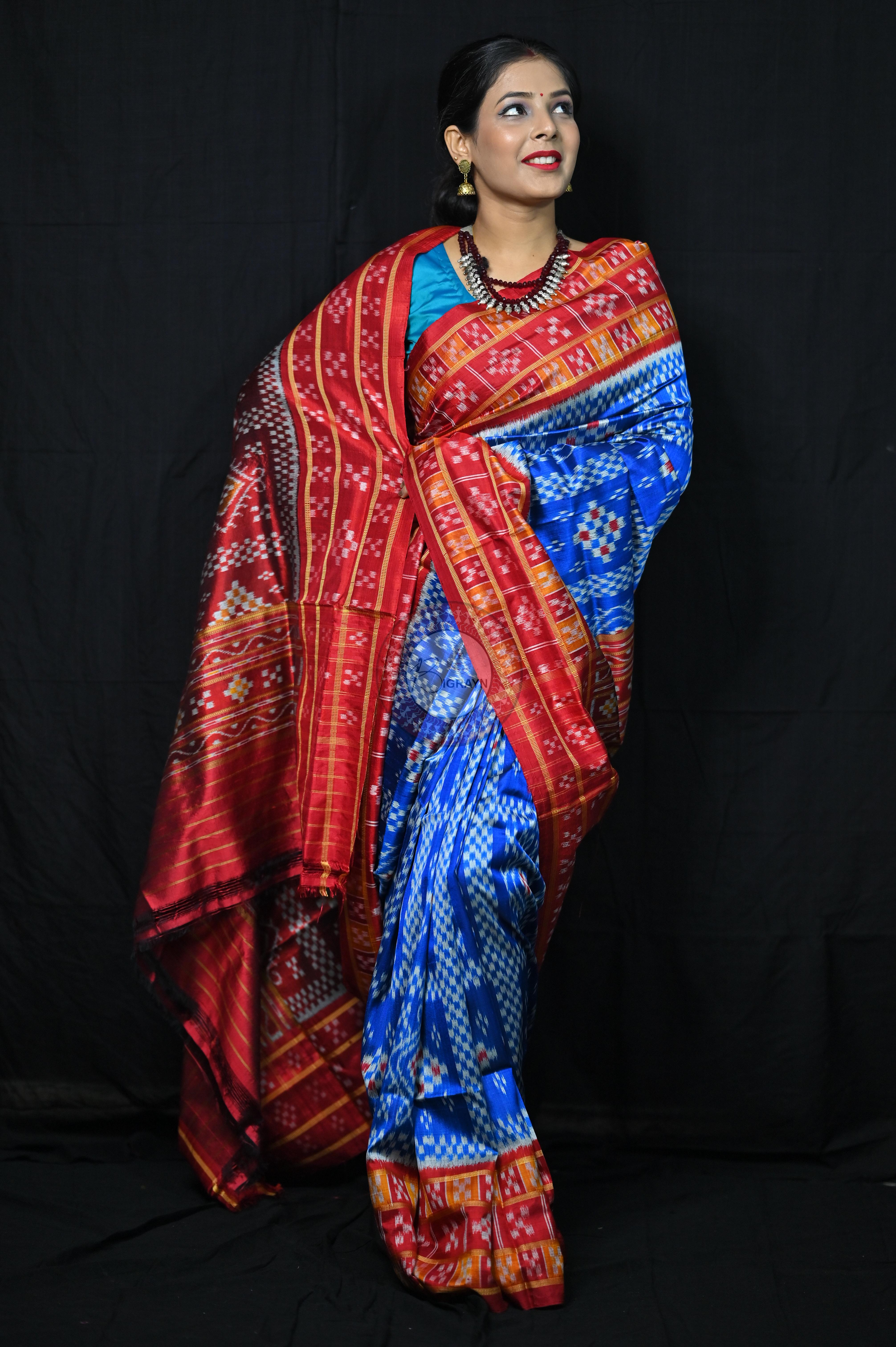 Blue Red 3D Border Pasapali Khandua Silk Saree
