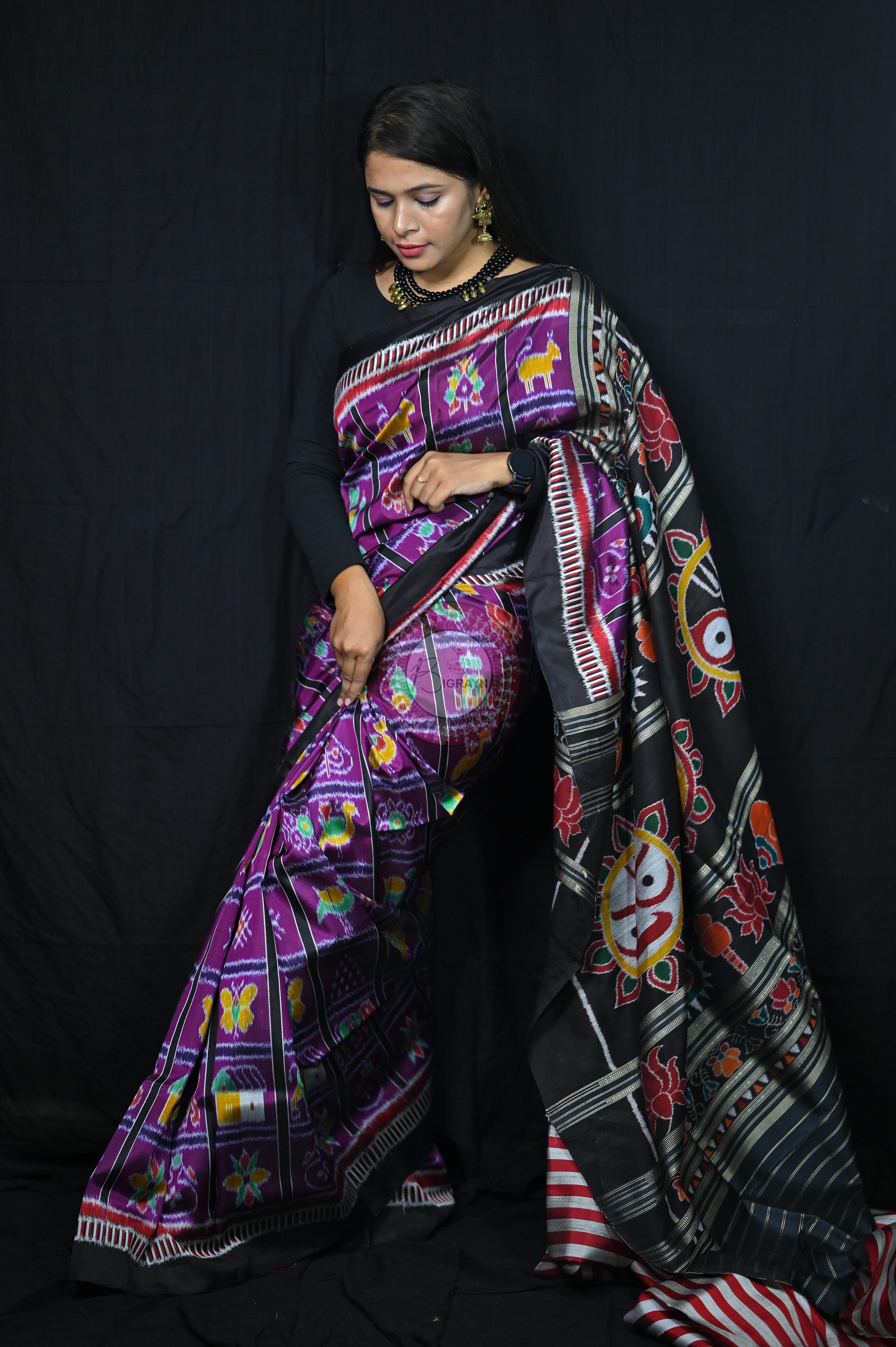 Purple Black Kathifera Nabakothi Khandua Silk Saree