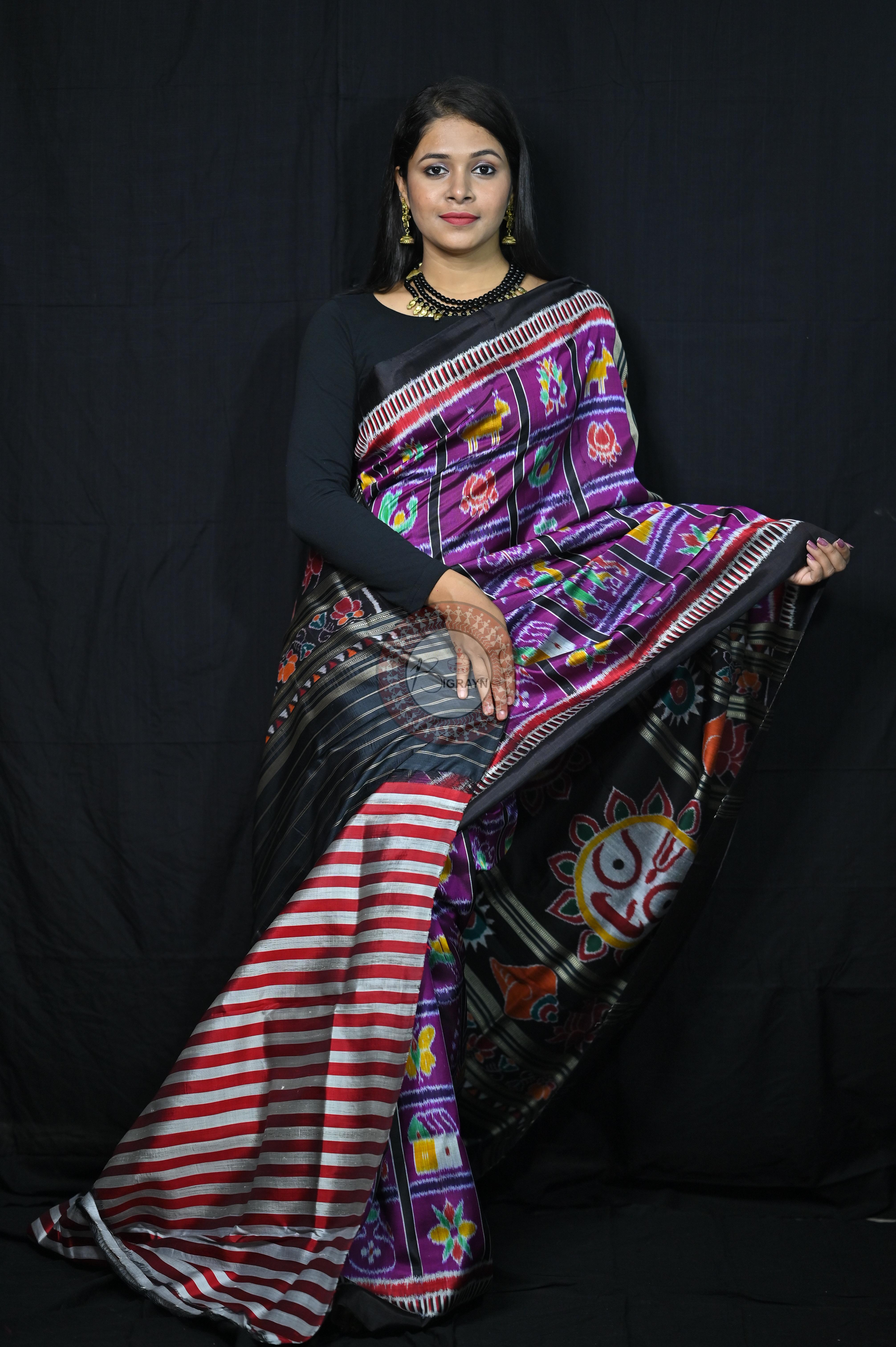 Purple Black Kathifera Nabakothi Khandua Silk Saree