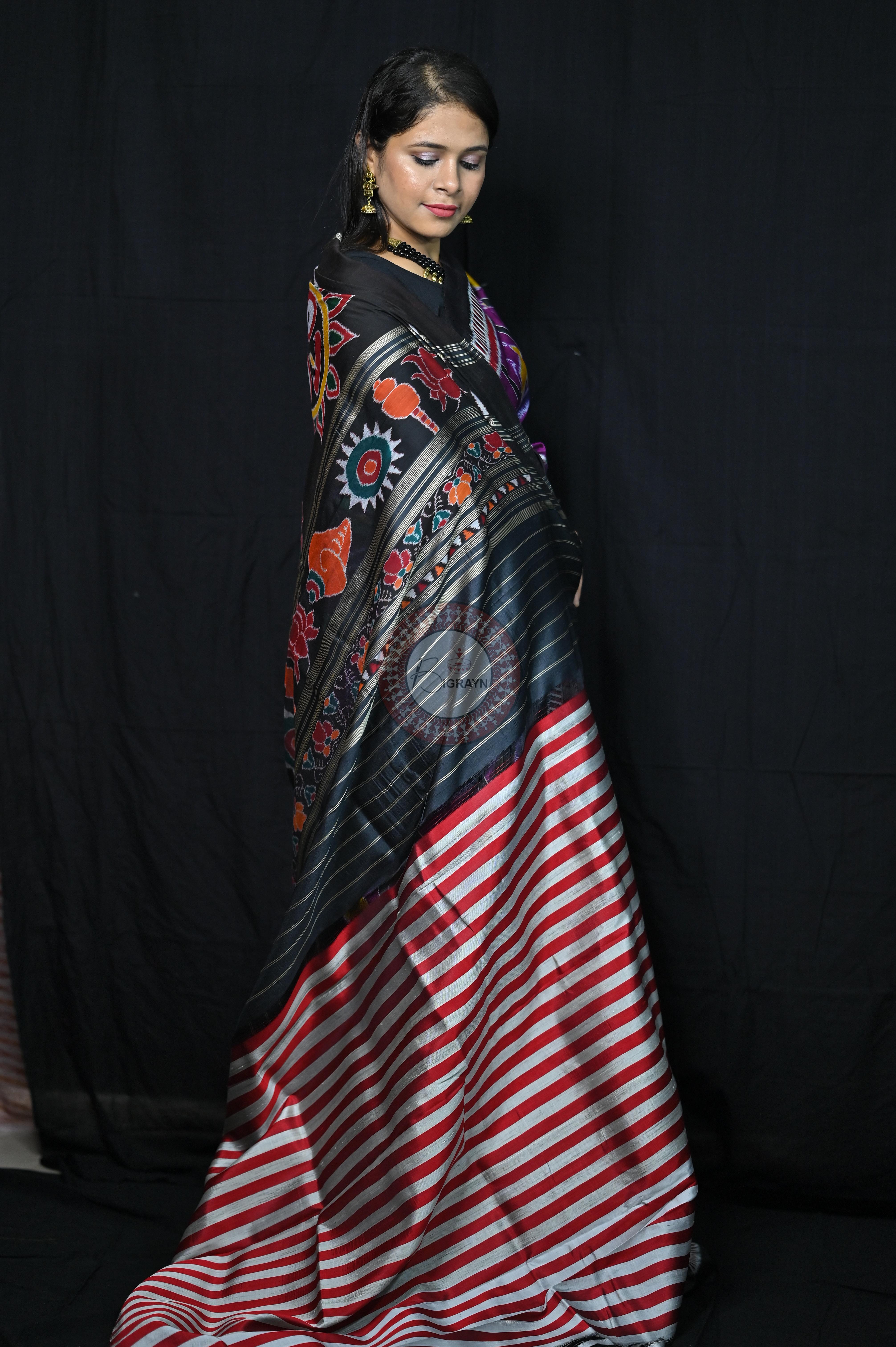 Purple Black Kathifera Nabakothi Khandua Silk Saree