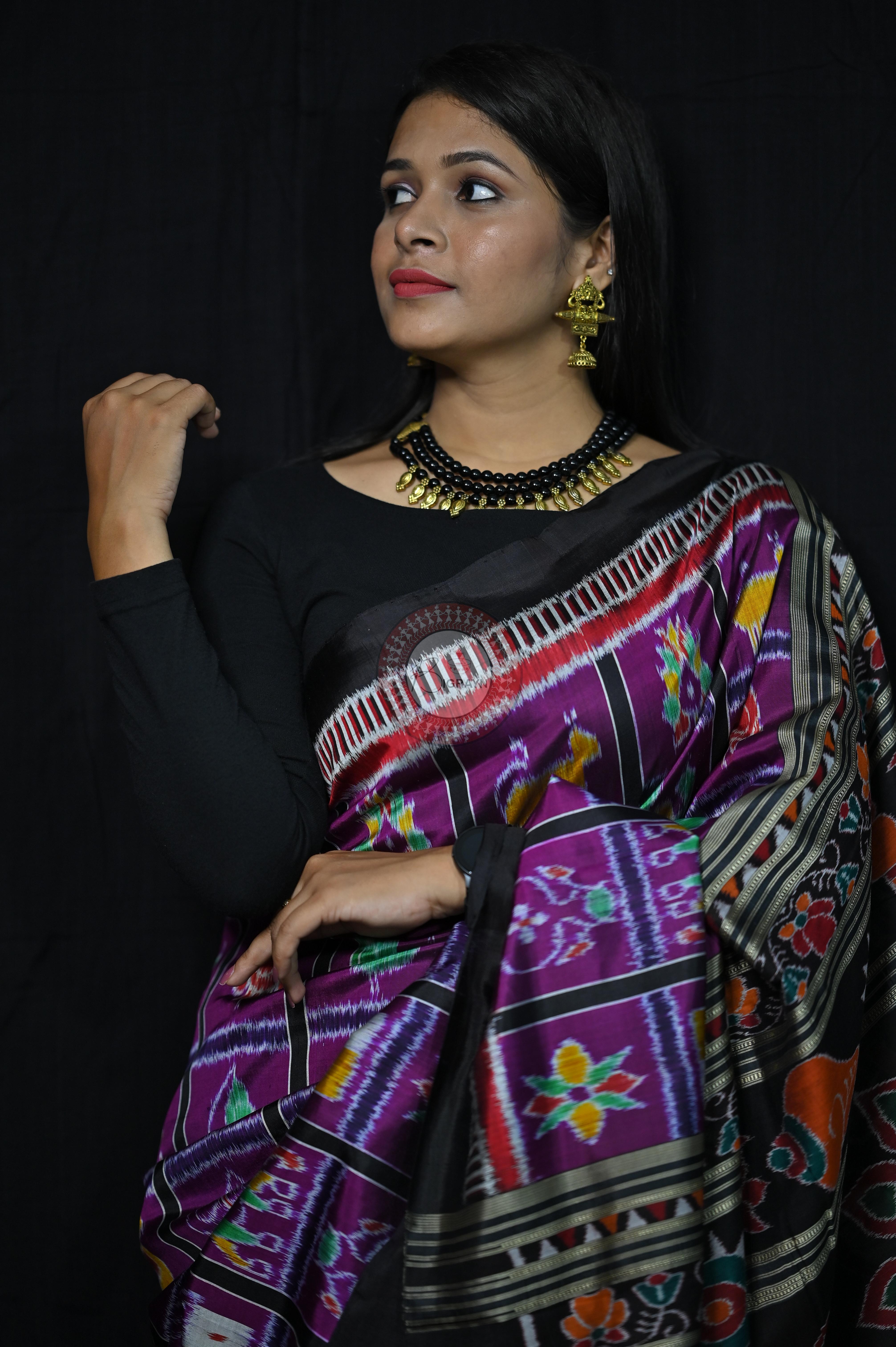 Purple Black Kathifera Nabakothi Khandua Silk Saree