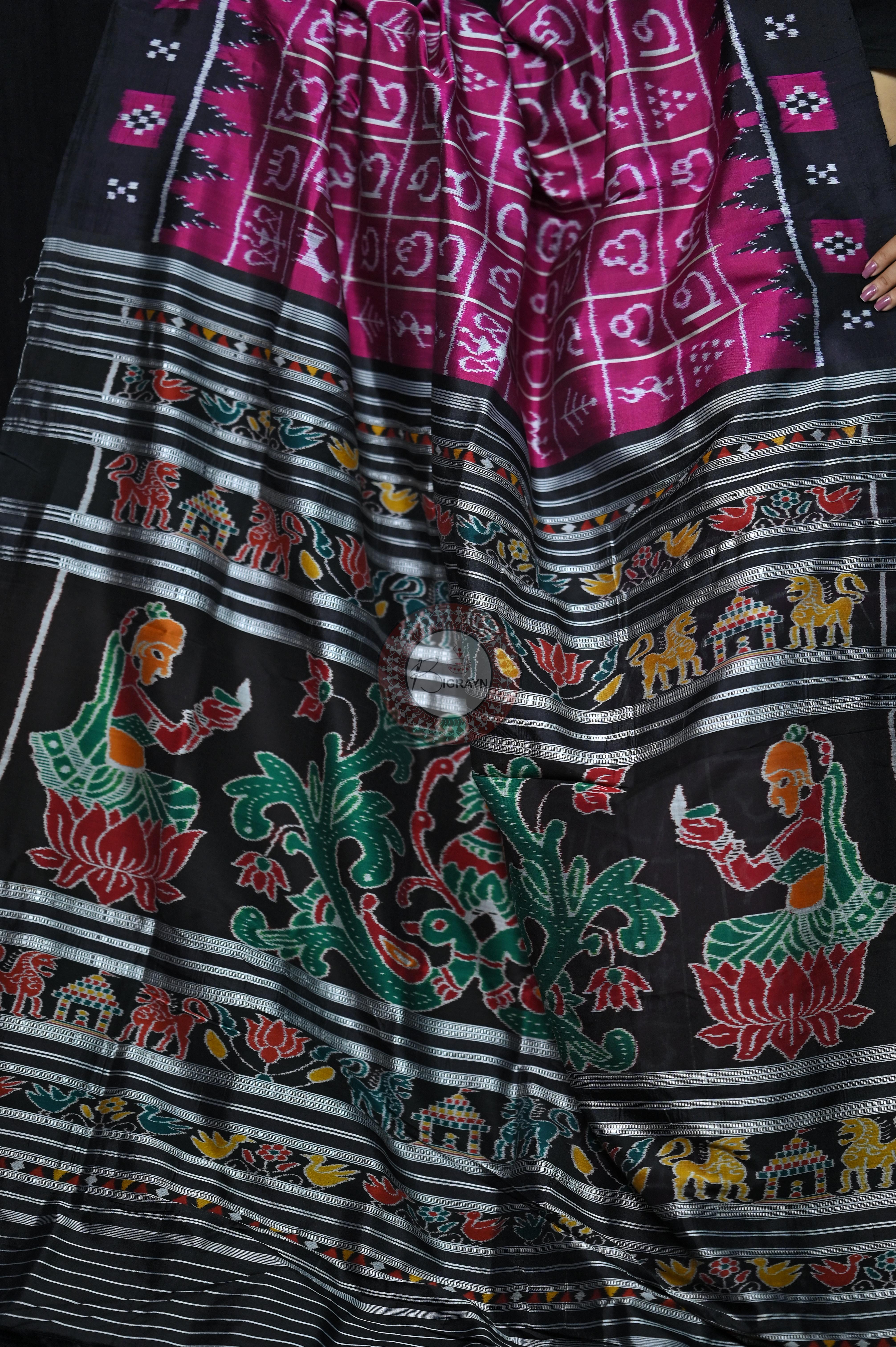 Magenta Black Odia Alphabet Khandua Silk Saree