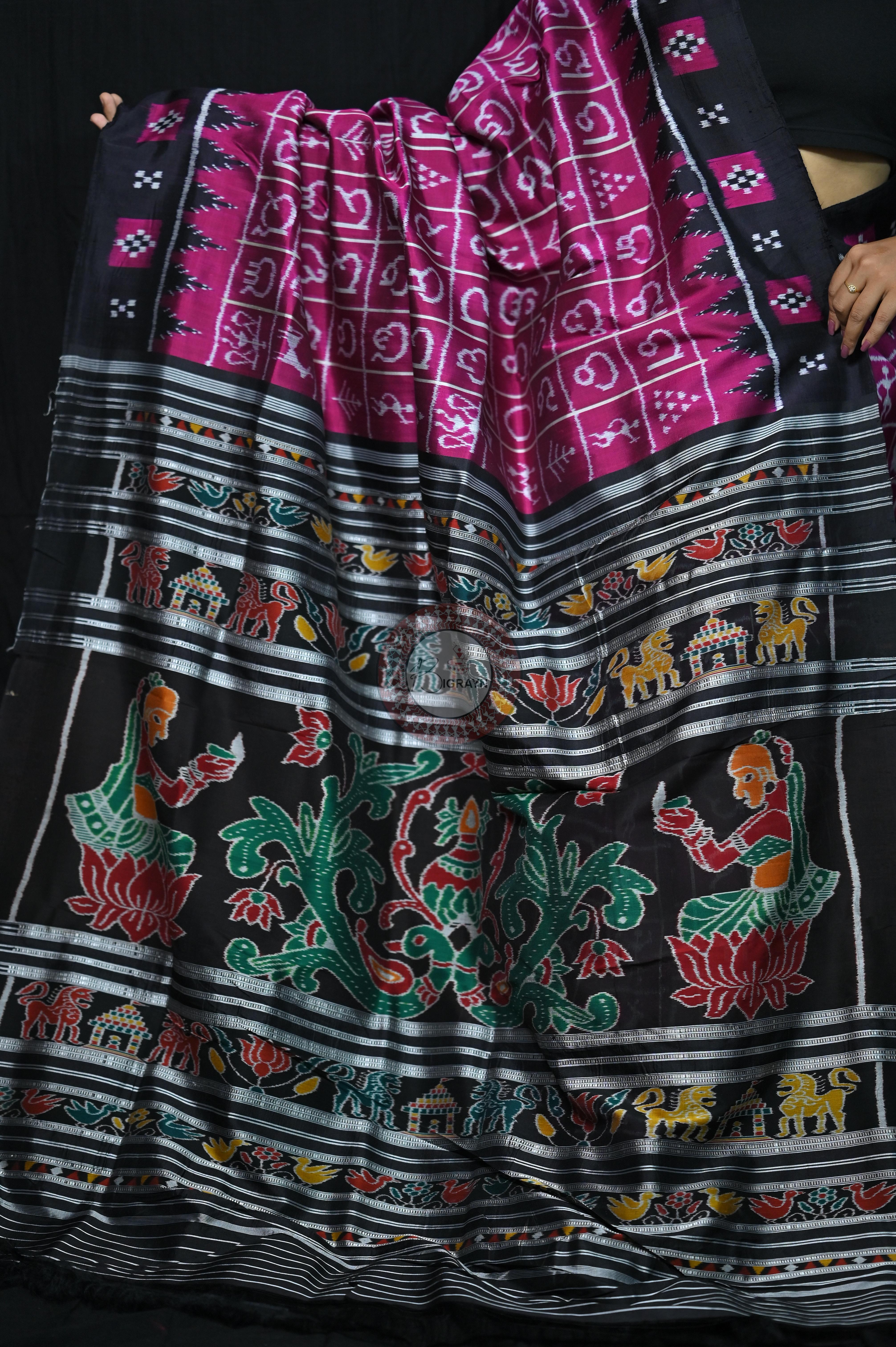 Magenta Black Odia Alphabet Khandua Silk Saree