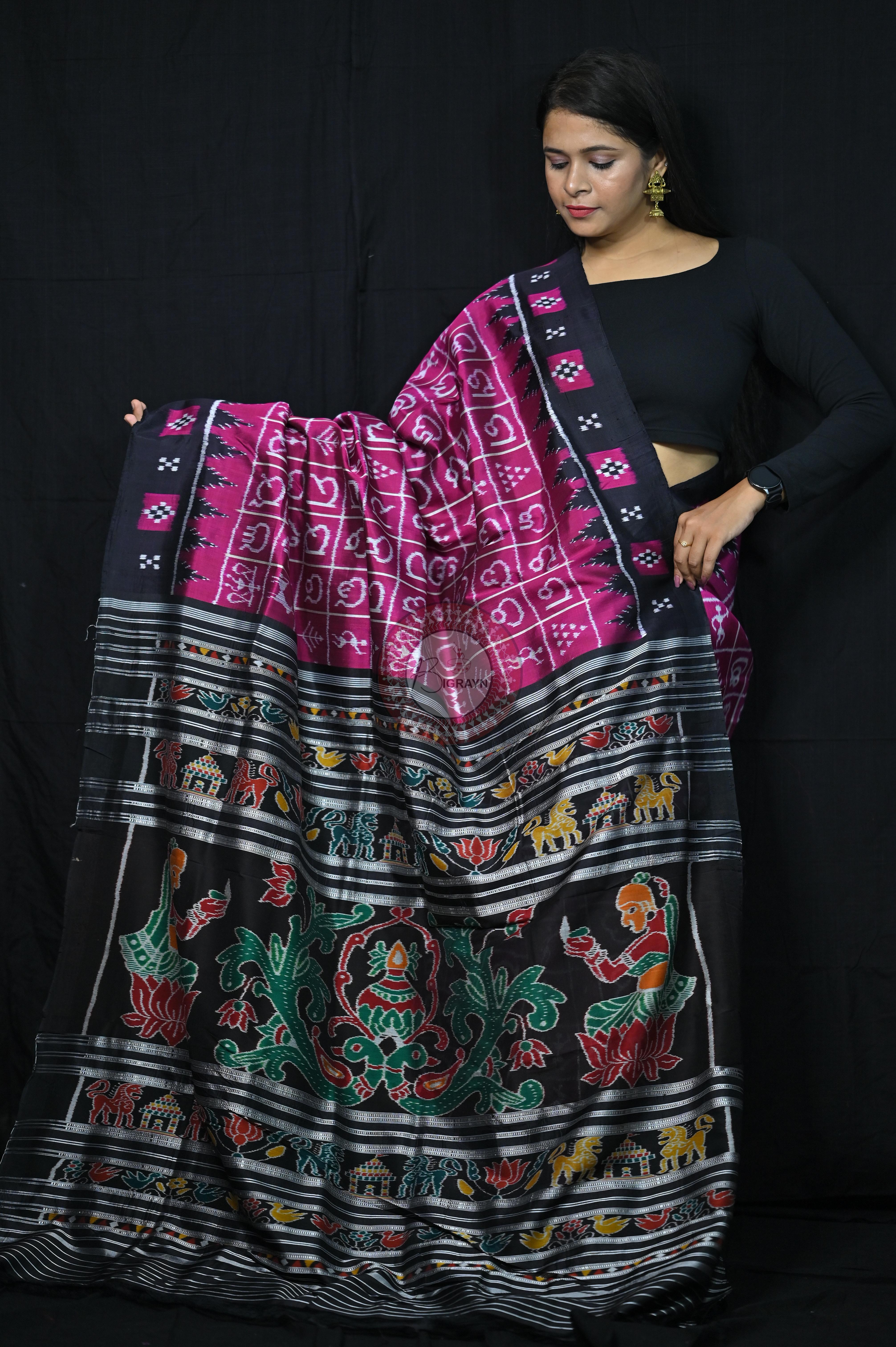 Magenta Black Odia Alphabet Khandua Silk Saree