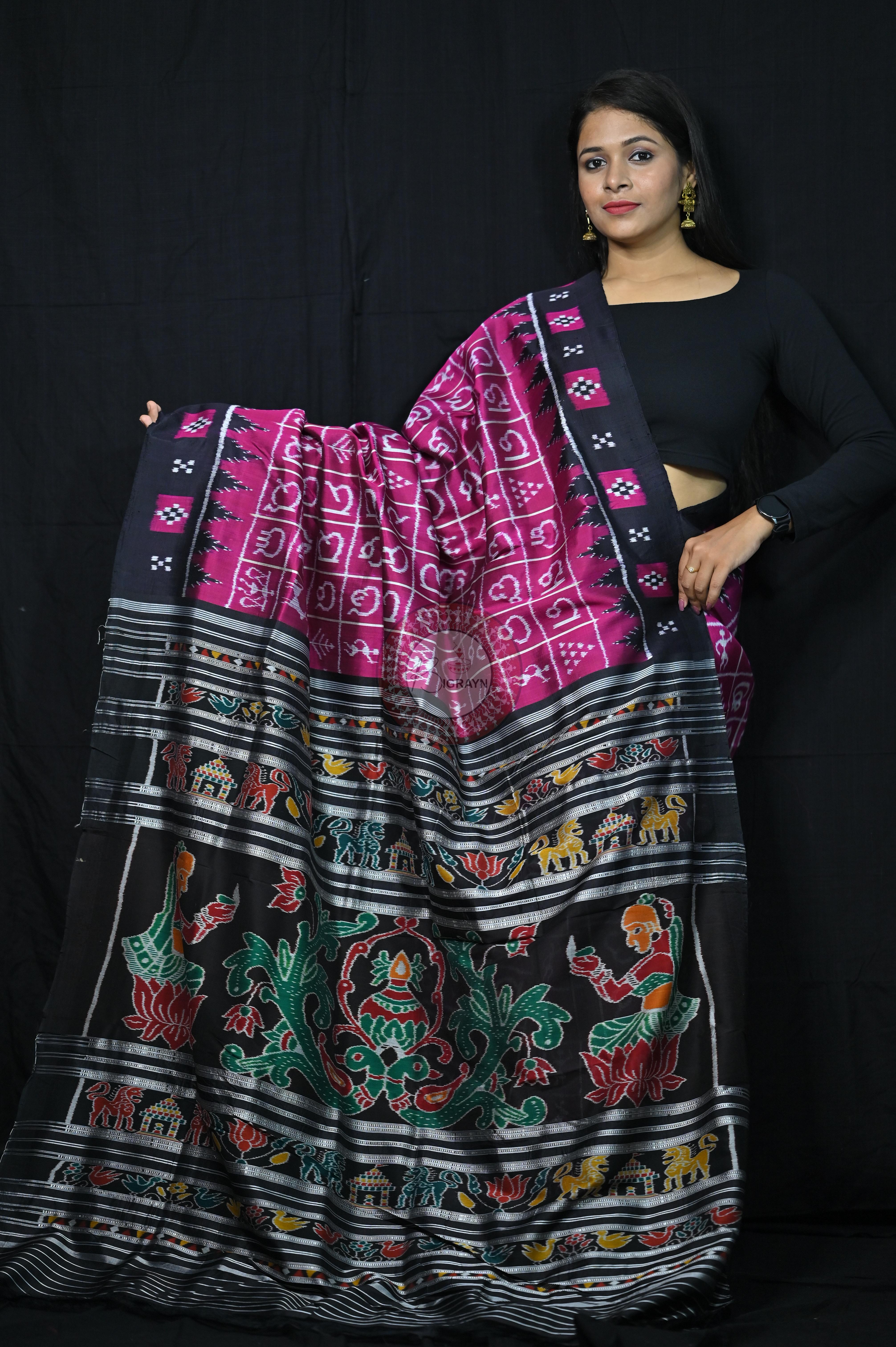Magenta Black Odia Alphabet Khandua Silk Saree