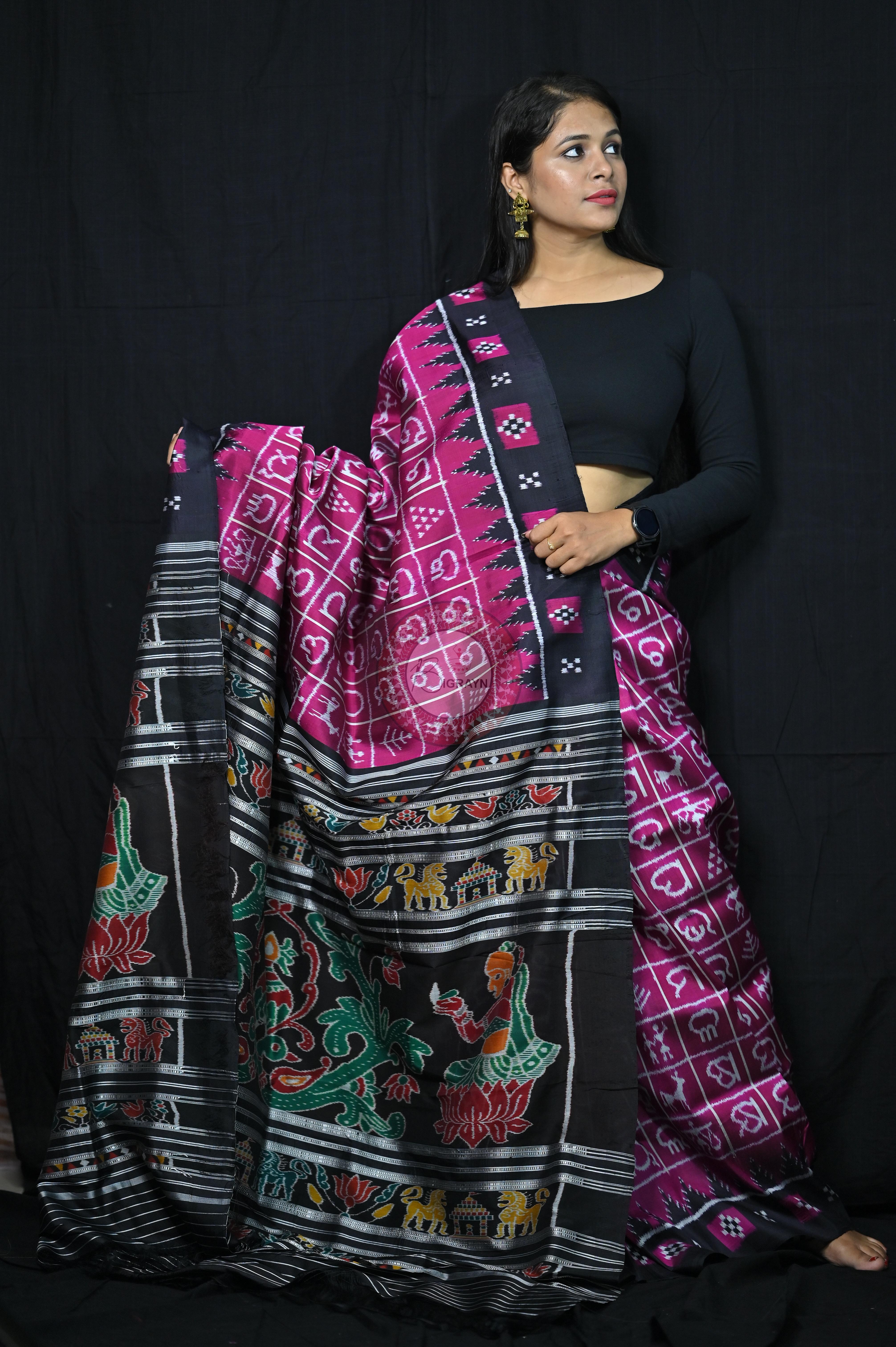 Magenta Black Odia Alphabet Khandua Silk Saree