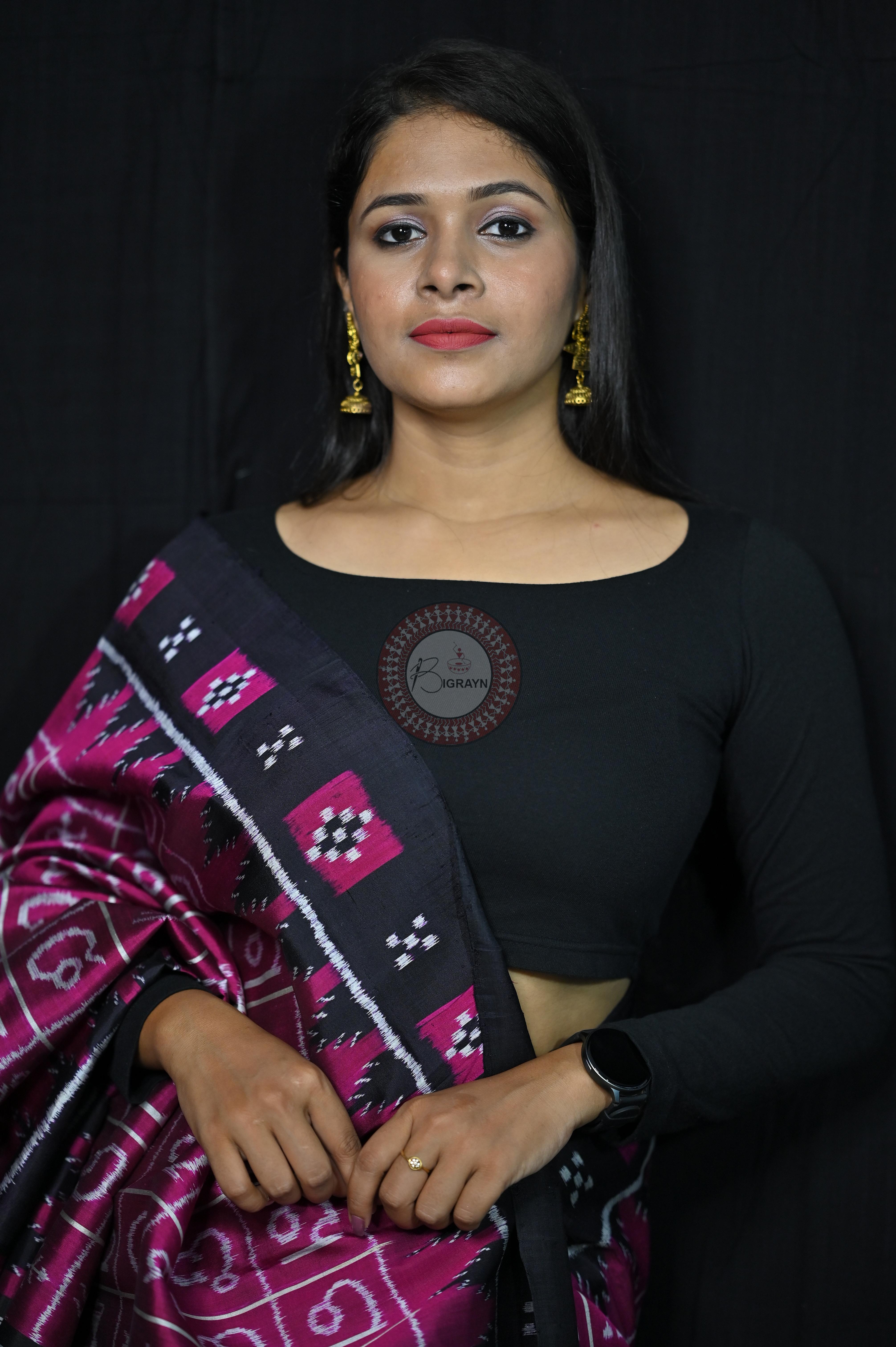 Magenta Black Odia Alphabet Khandua Silk Saree