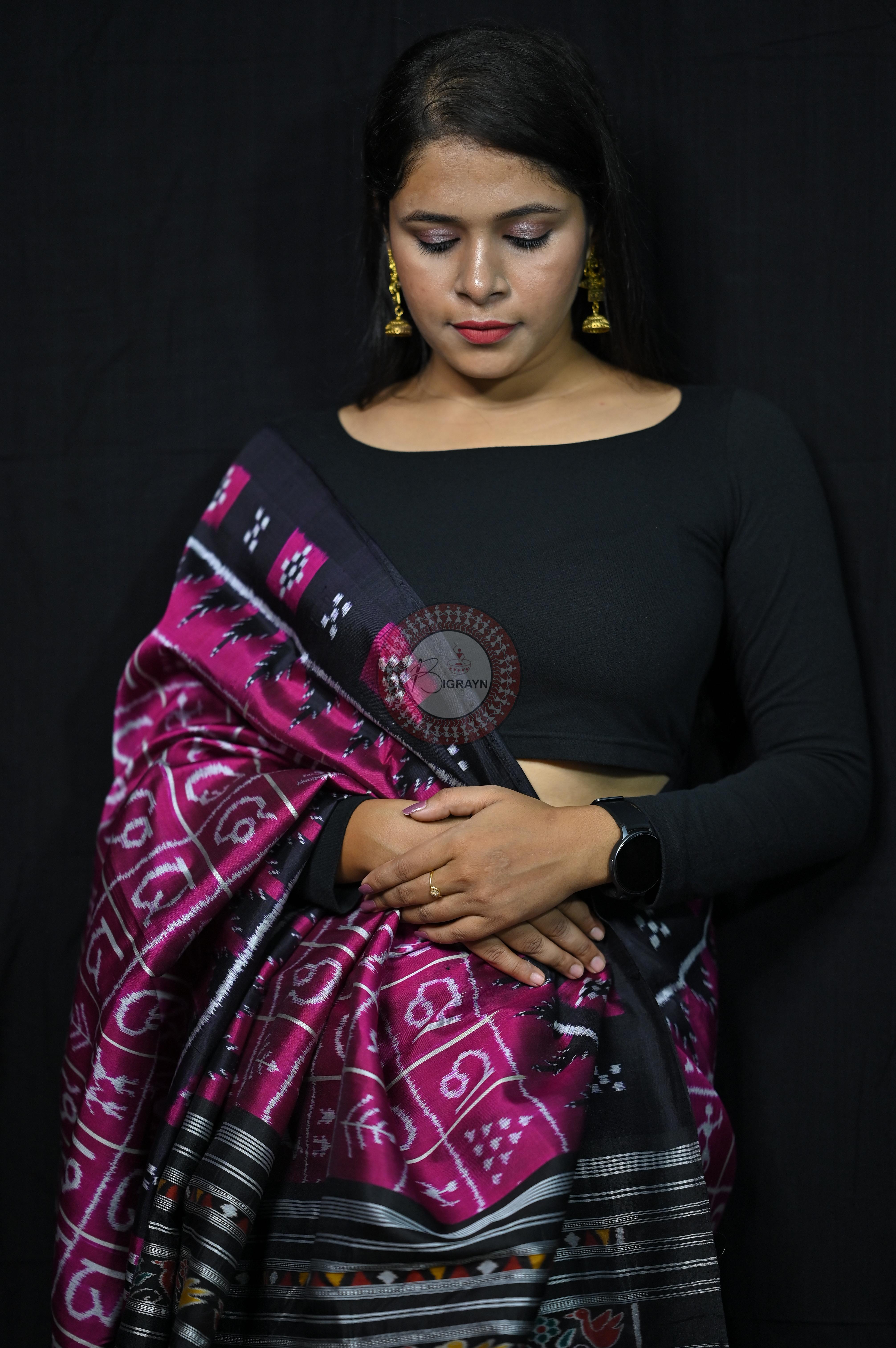 Magenta Black Odia Alphabet Khandua Silk Saree