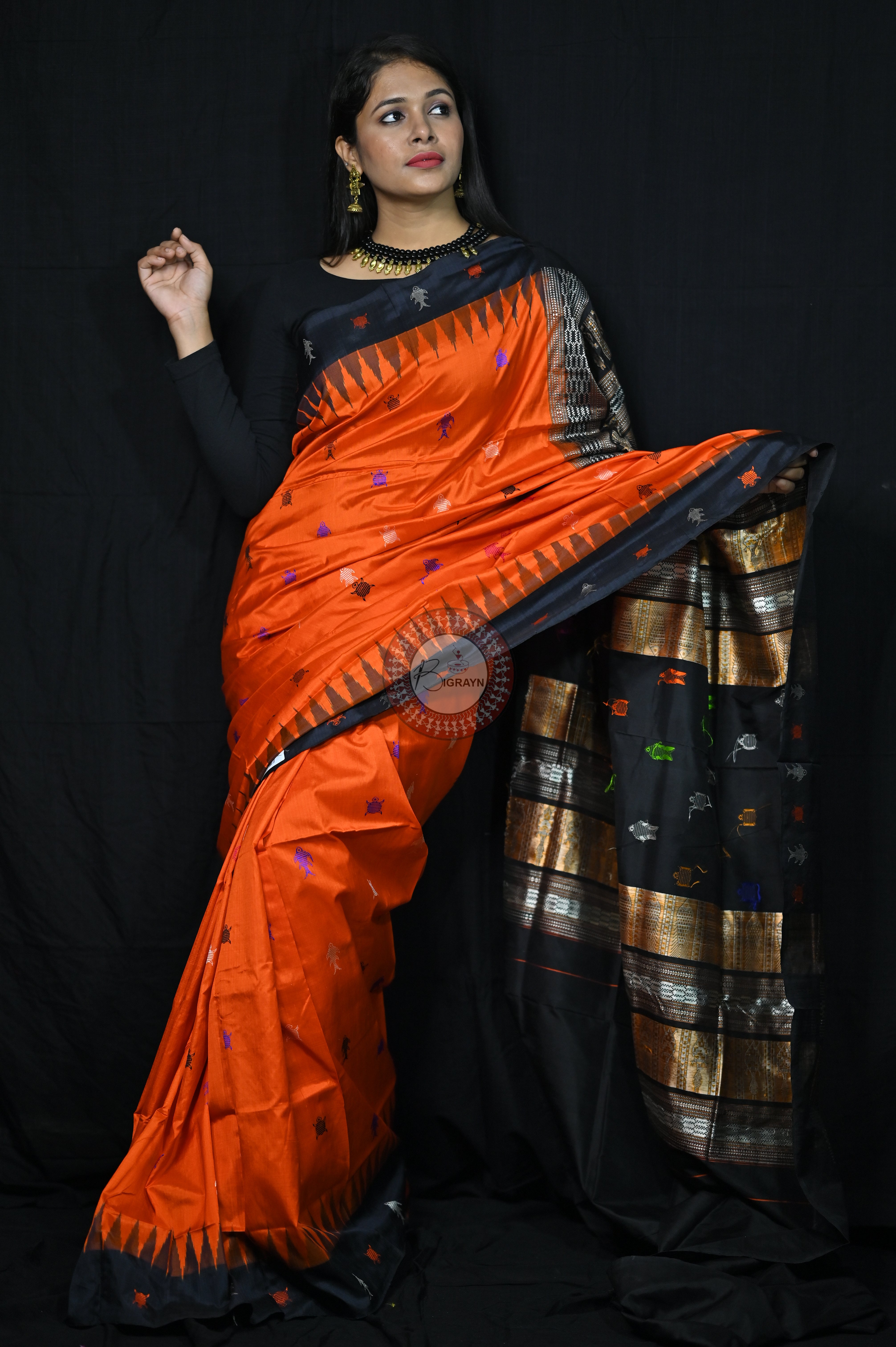 Mastya kachhap Orange Black Bomkai Silk Saree