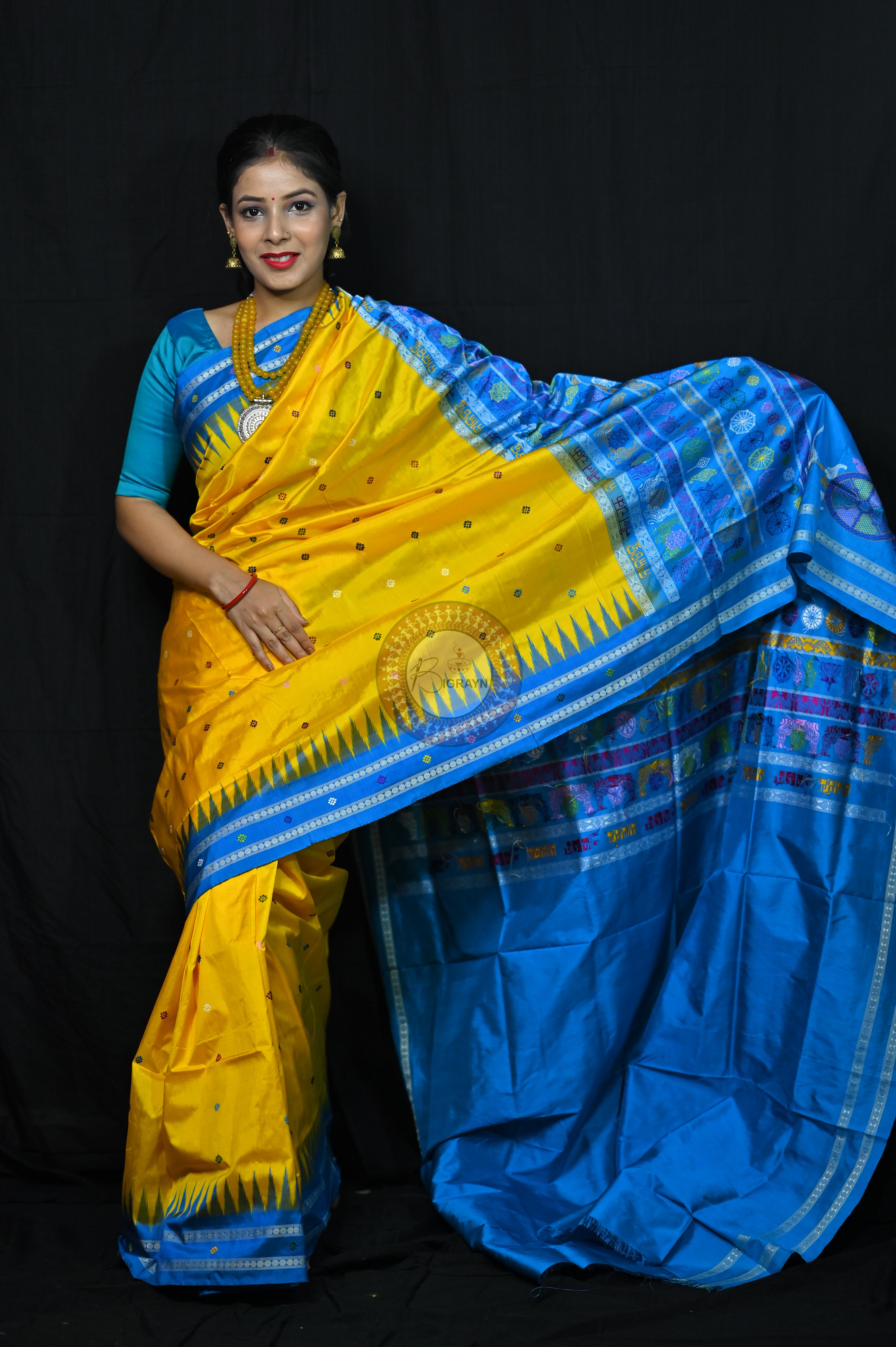 Yellow Blue Nila Chakra Sambalpuri Silk Saree