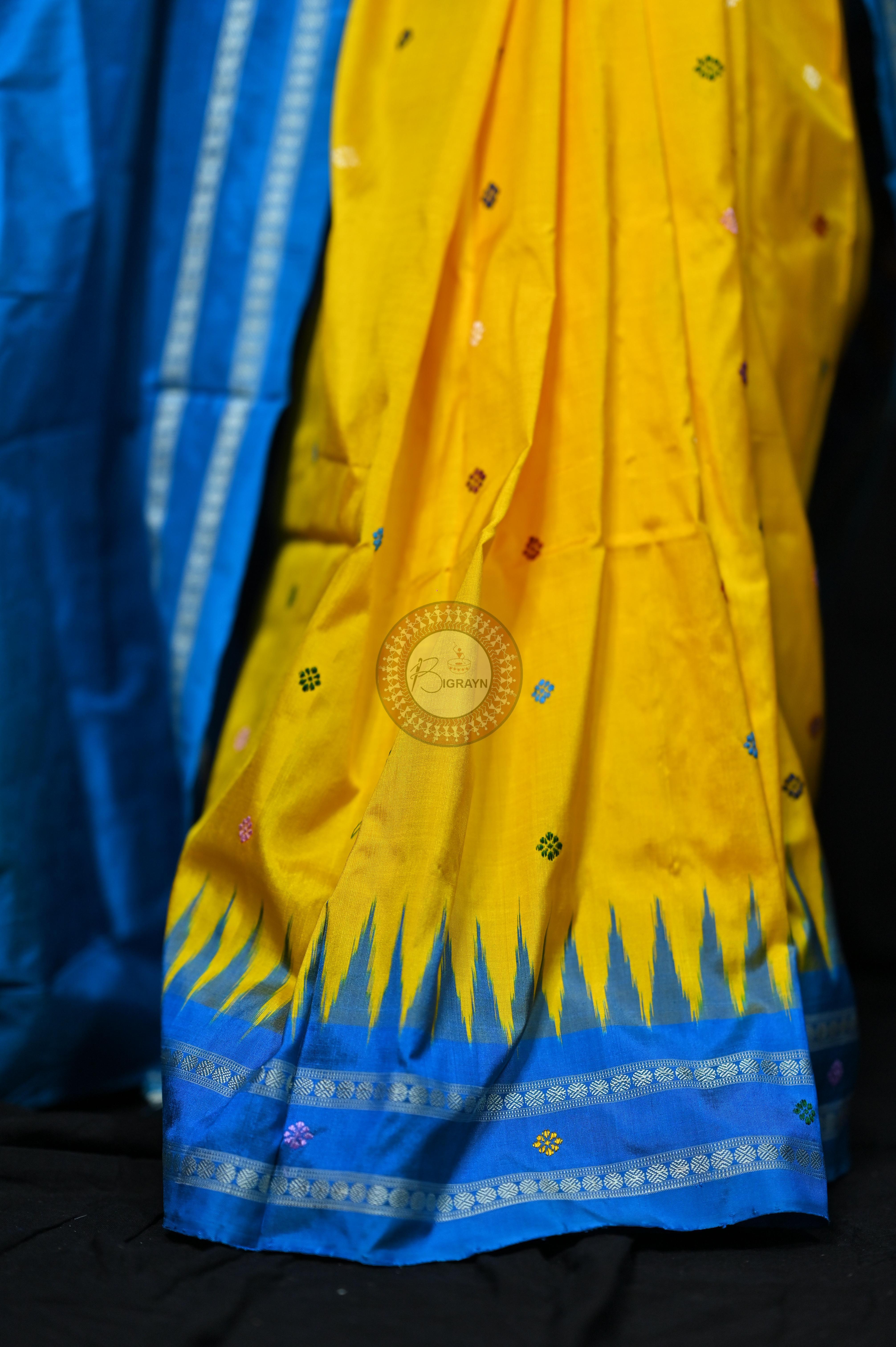 Yellow Blue Nila Chakra Sambalpuri Silk Saree