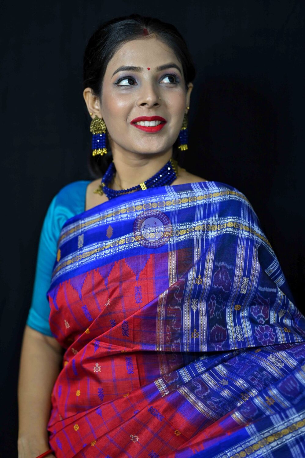 Red Blue Tussar Hazarbootie Saree