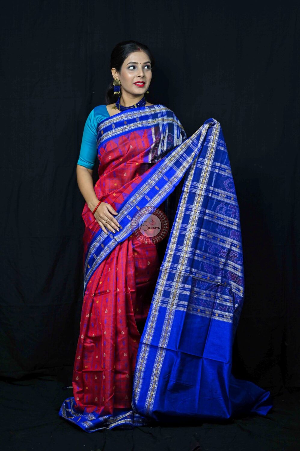 Red Blue Tussar Hazarbootie Saree