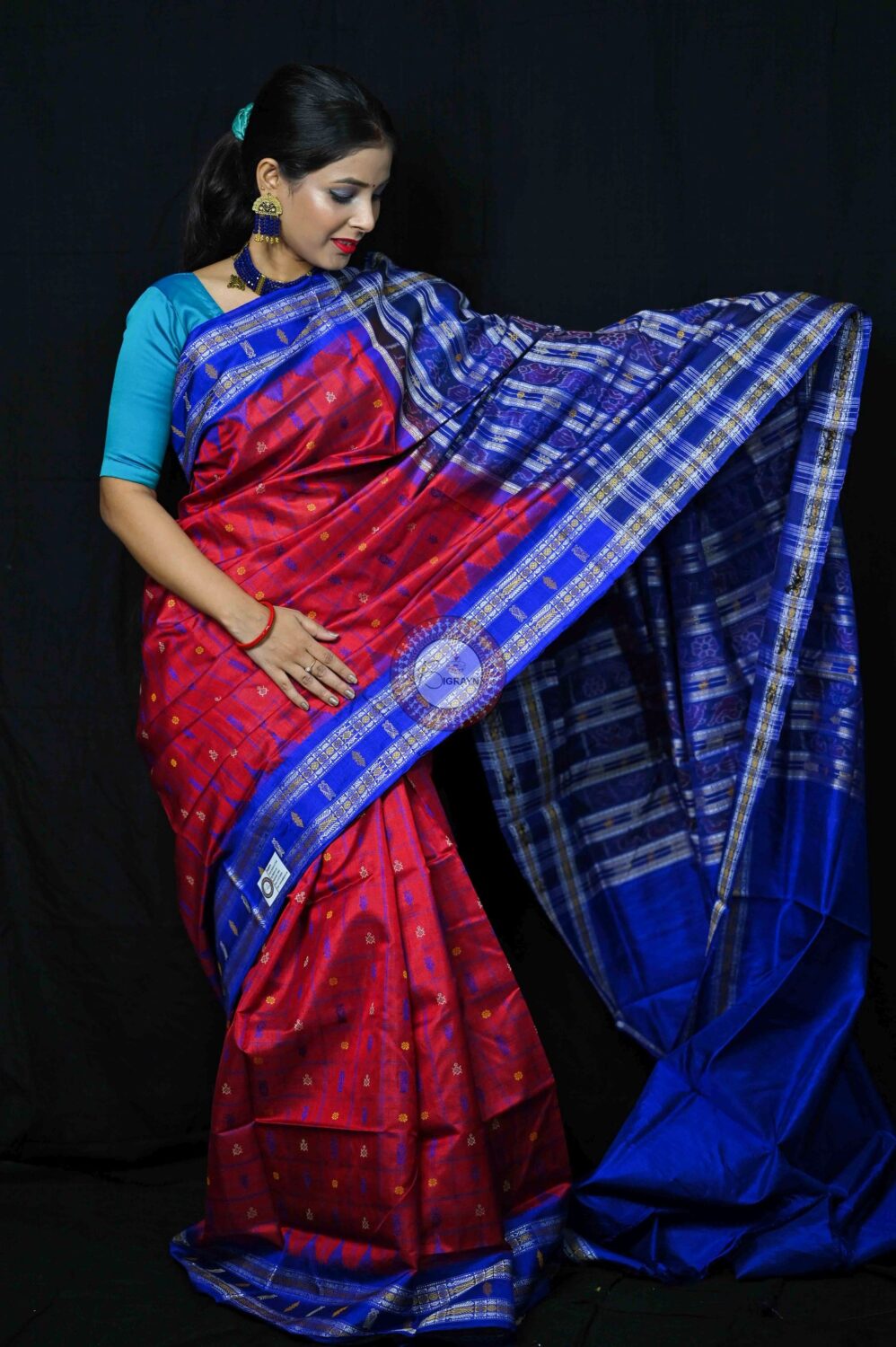 Red Blue Tussar Hazarbootie Saree