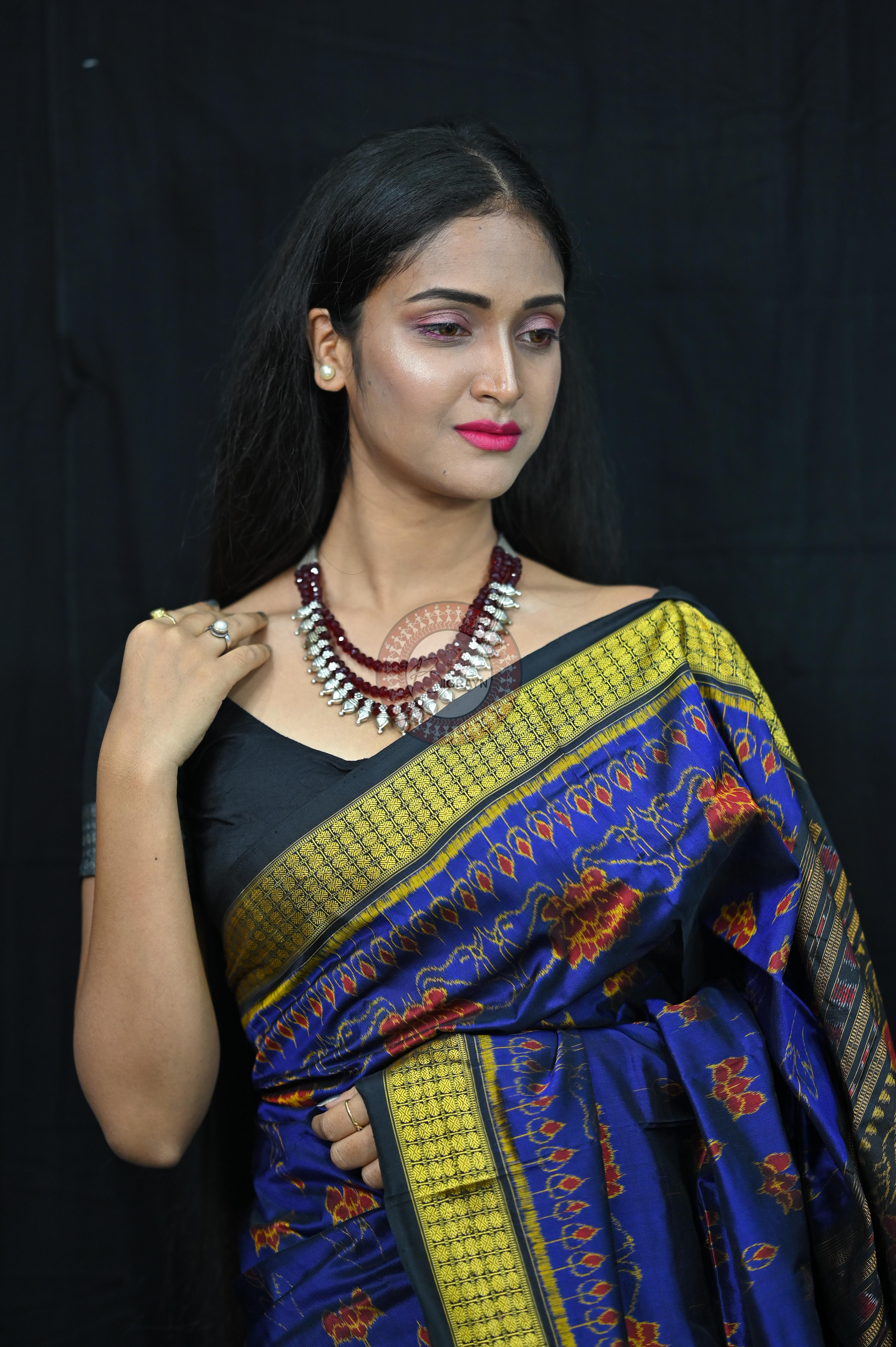 Blue Black Lotus Sambalpuri Silk Saree