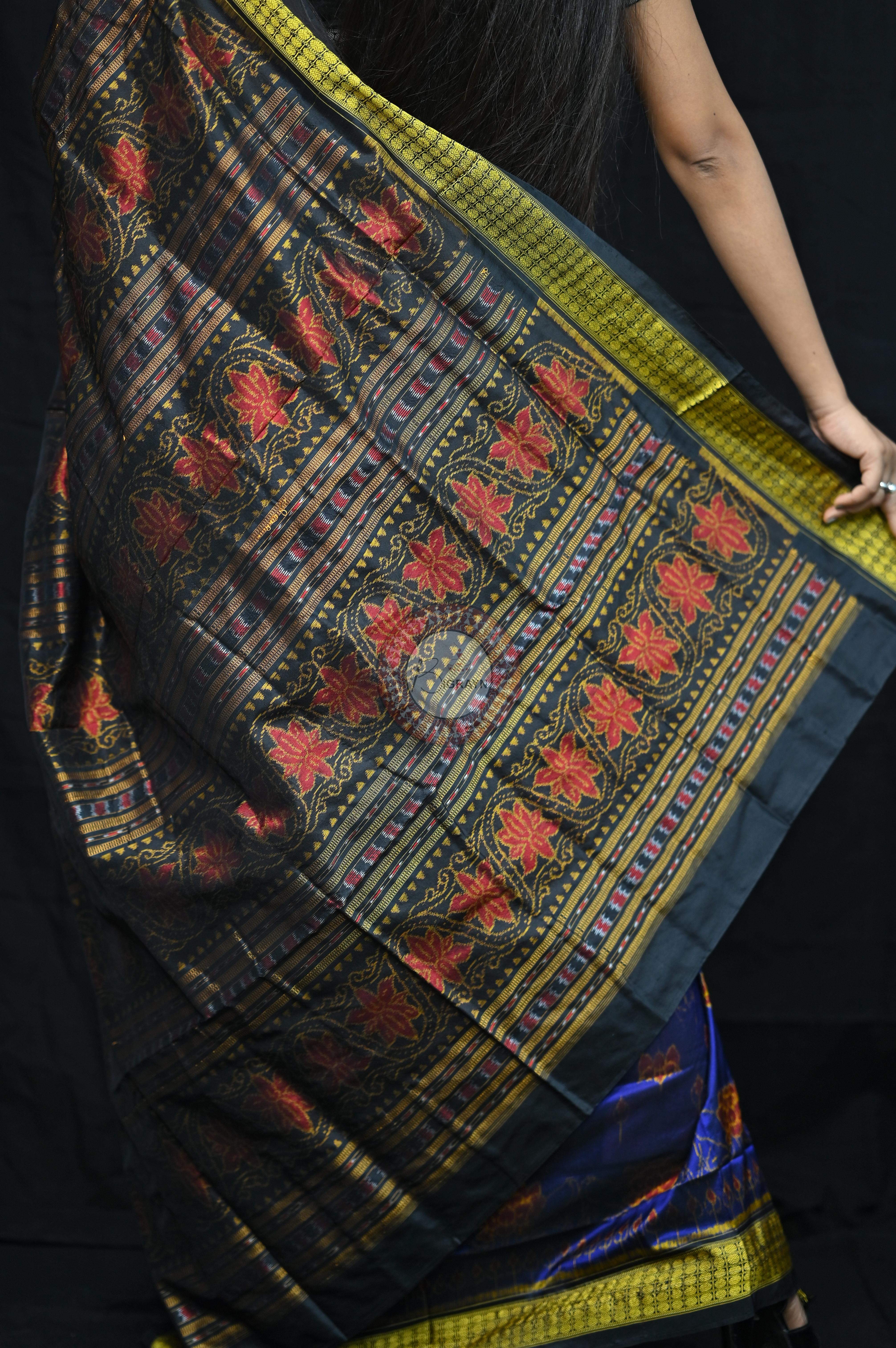Blue Black Lotus Sambalpuri Silk Saree