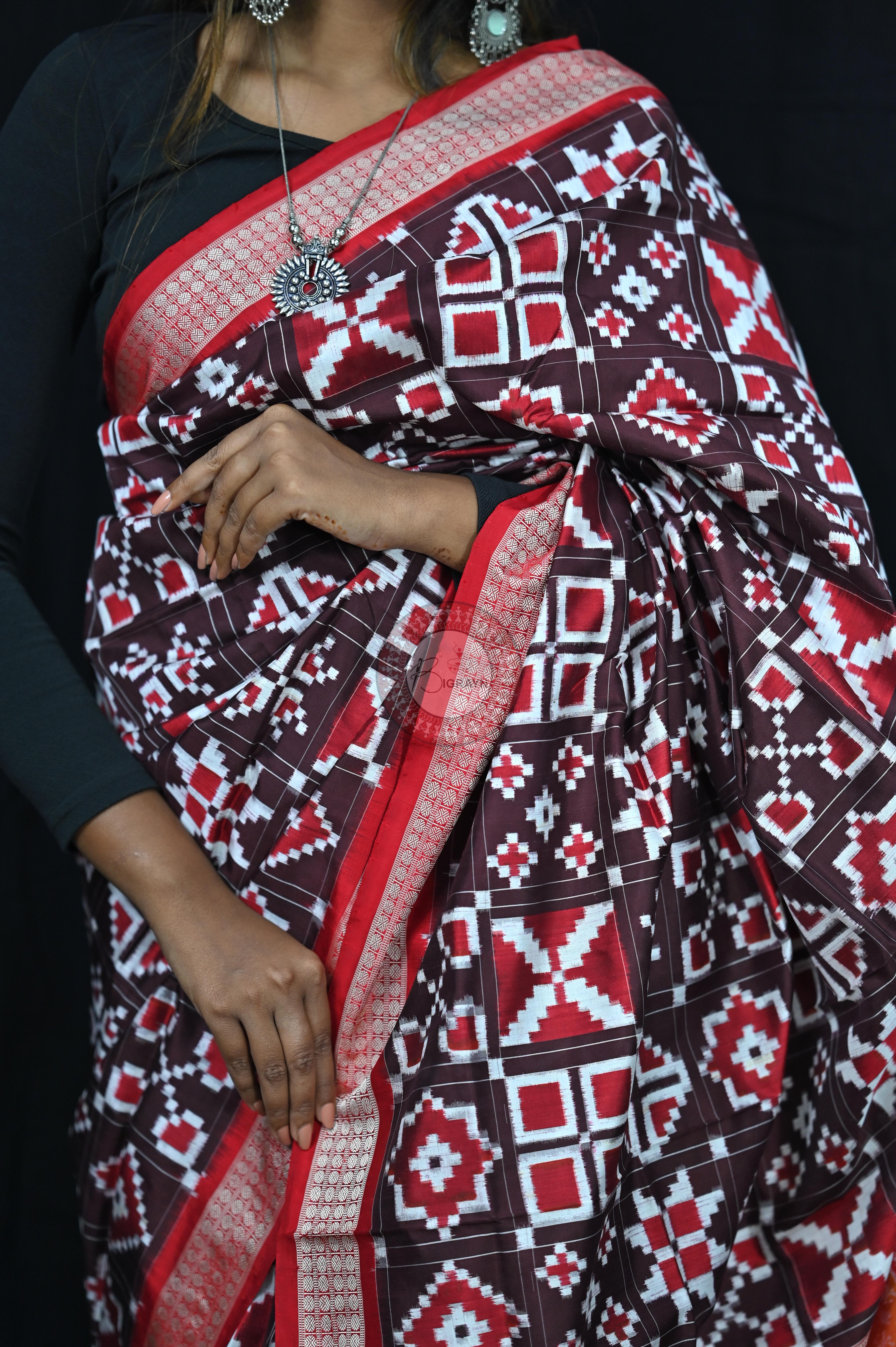Coffee Red Telia Rumal Sambalpuri Silk Saree