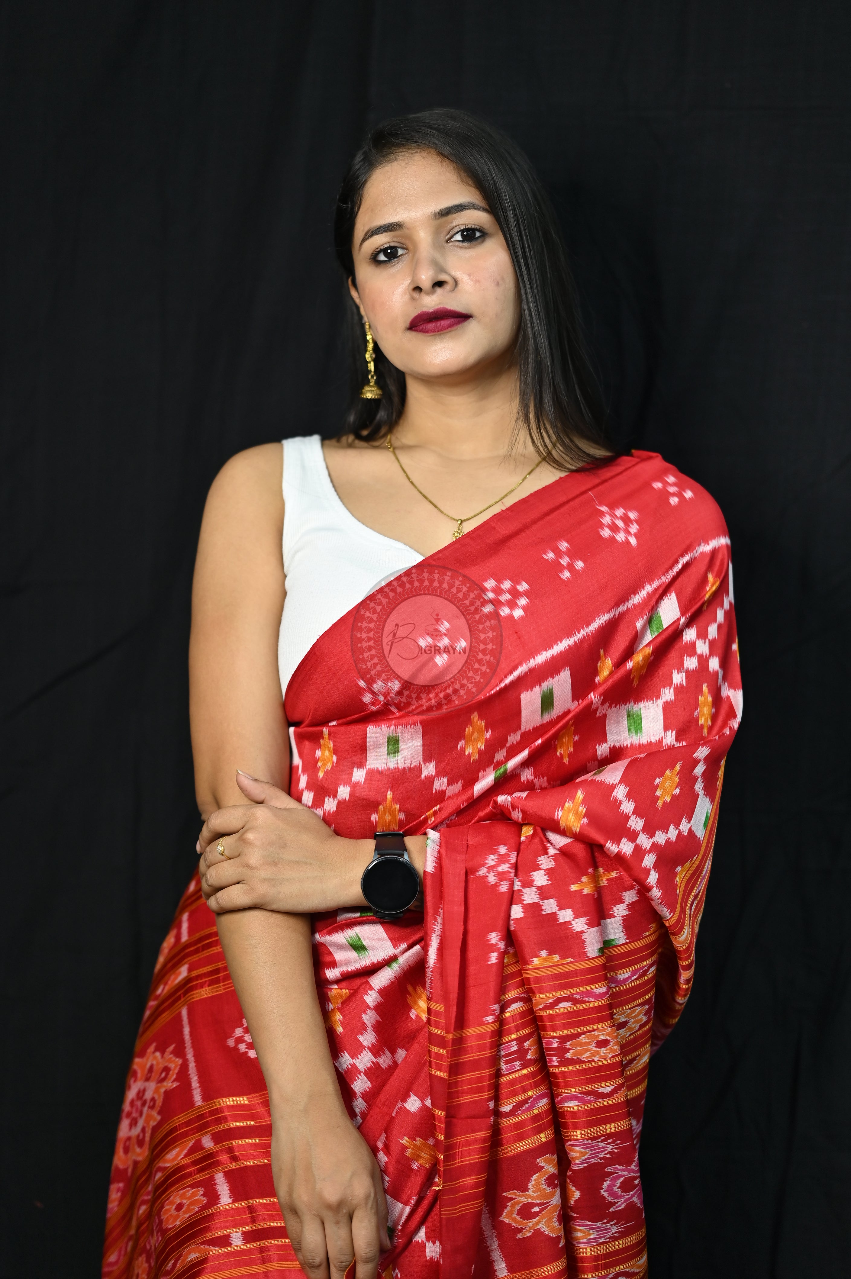 Red Diagonal Pasapali Mulberry Silk Saree
