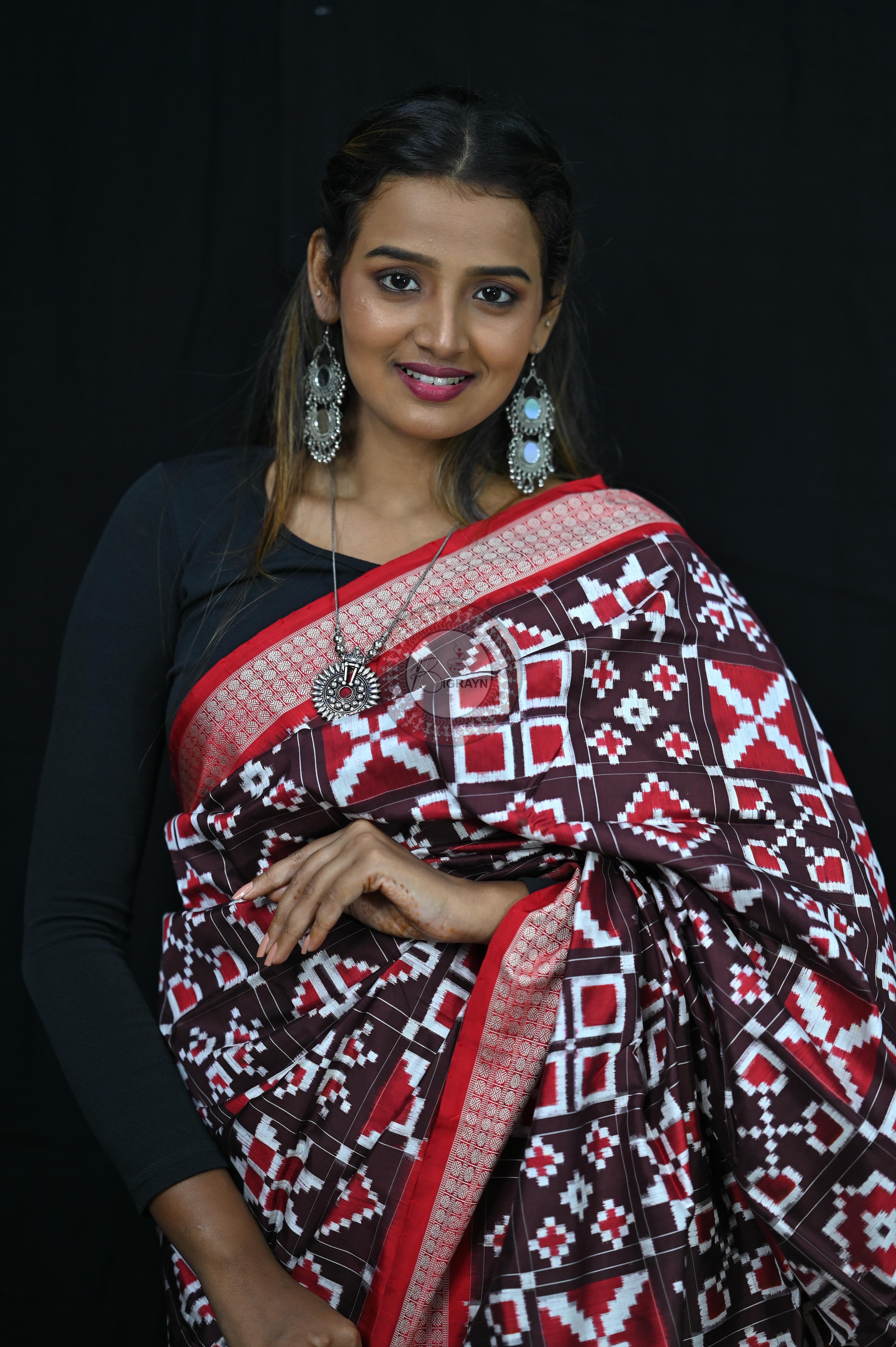 Coffee Red Telia Rumal Sambalpuri Silk Saree