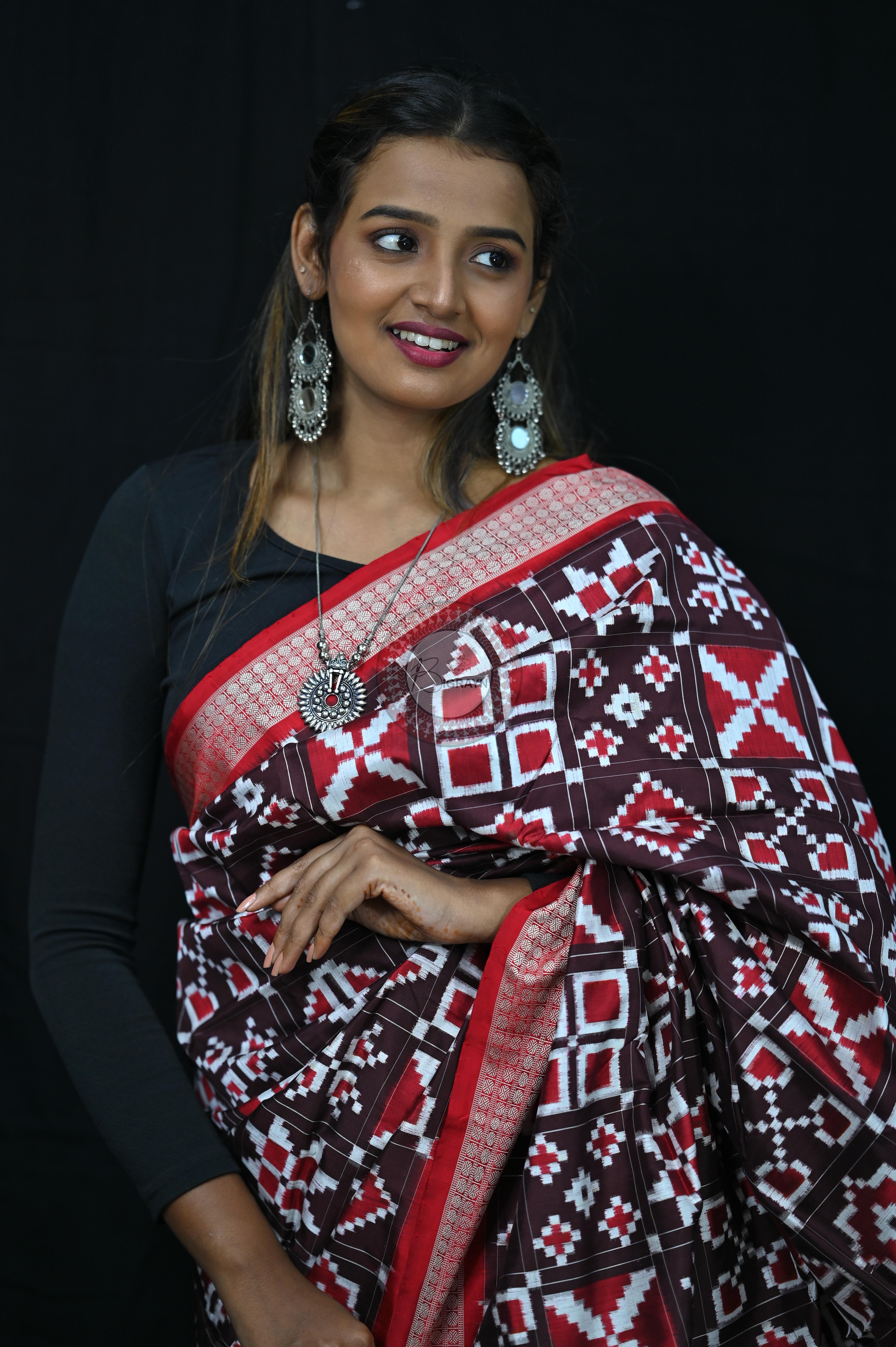 Coffee Red Telia Rumal Sambalpuri Silk Saree