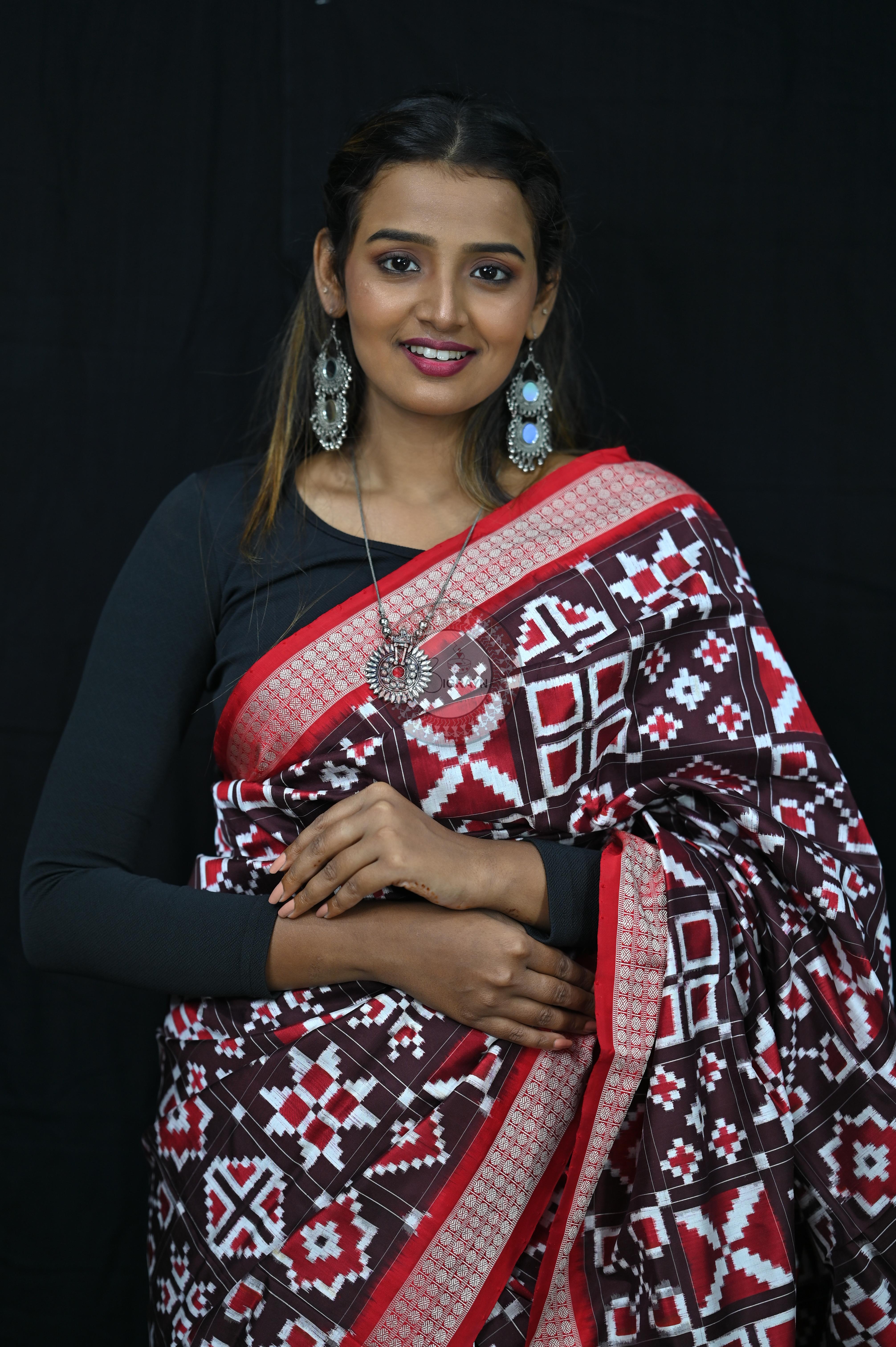 Coffee Red Telia Rumal Sambalpuri Silk Saree