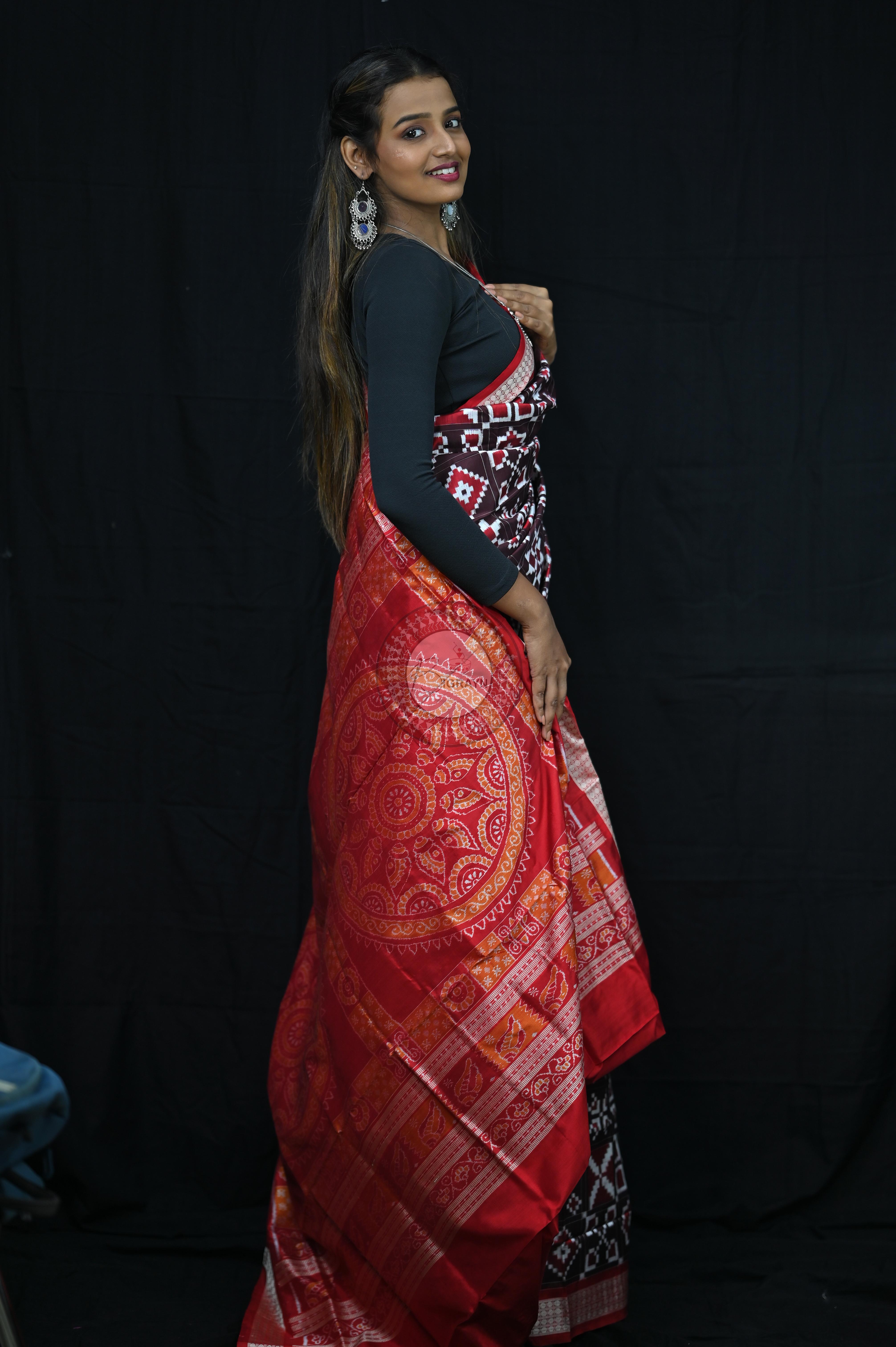 Coffee Red Telia Rumal Sambalpuri Silk Saree