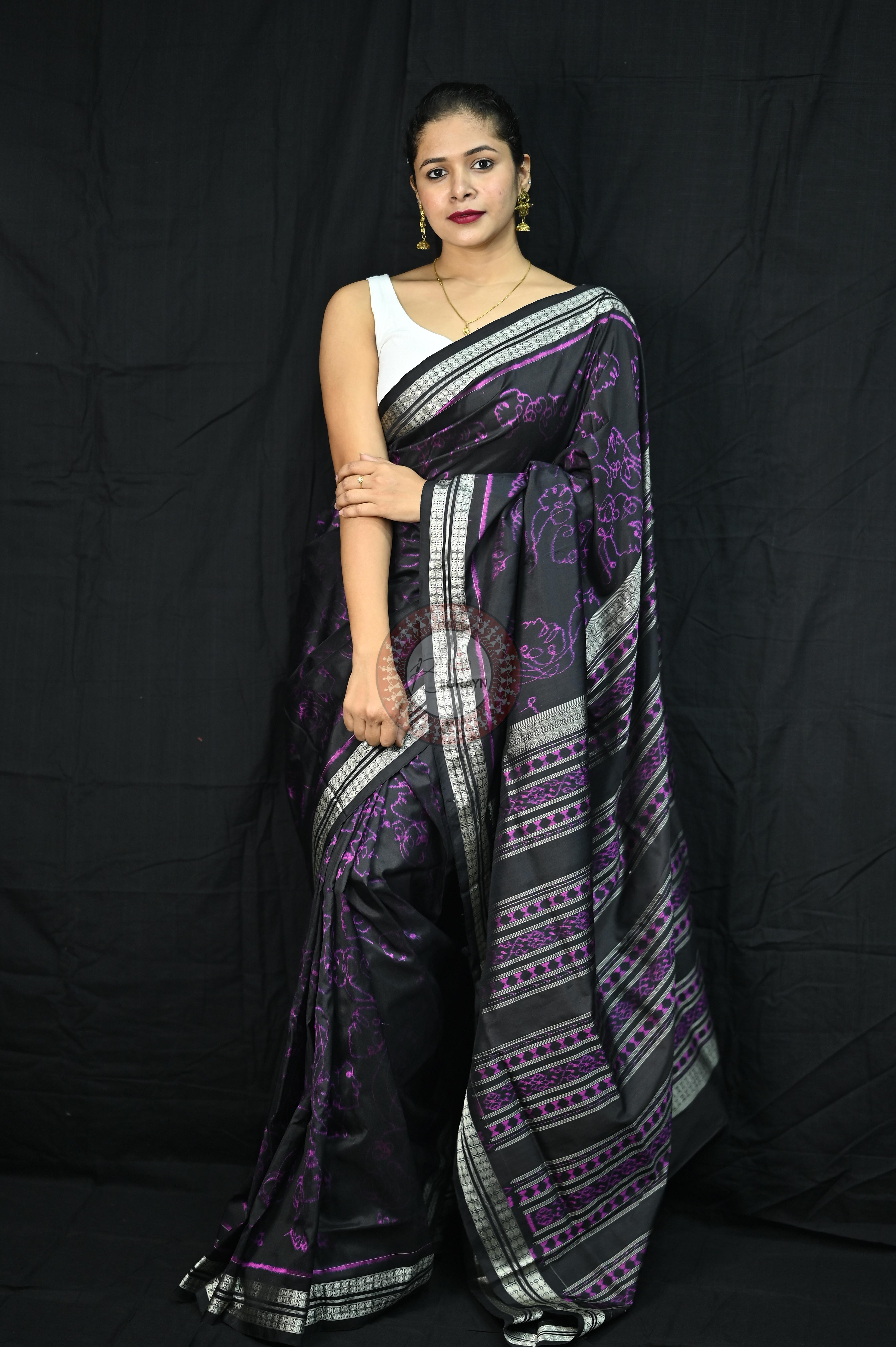 Black Magenta Women Head Sambalpuri Silk Saree