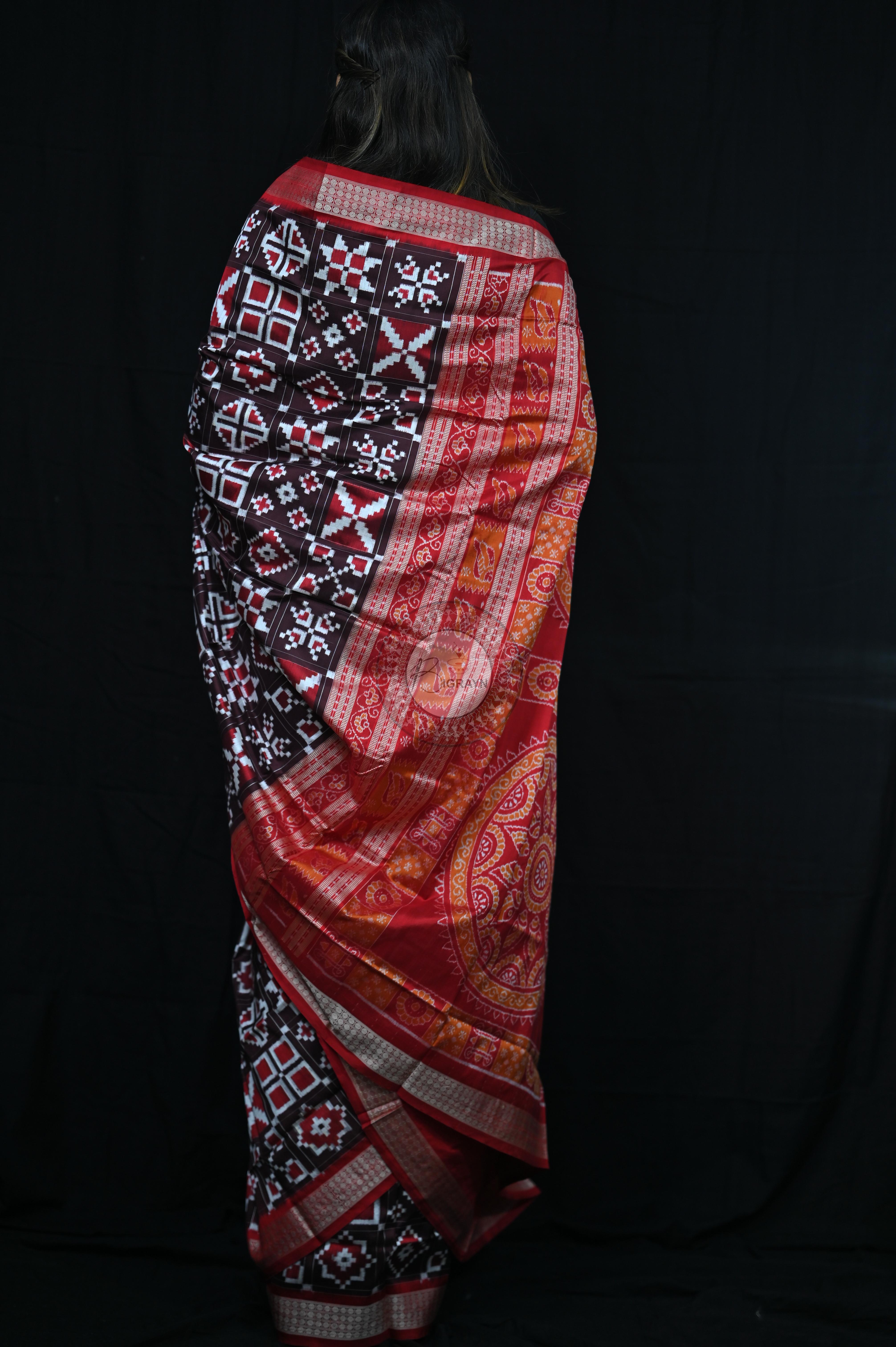 Coffee Red Telia Rumal Sambalpuri Silk Saree