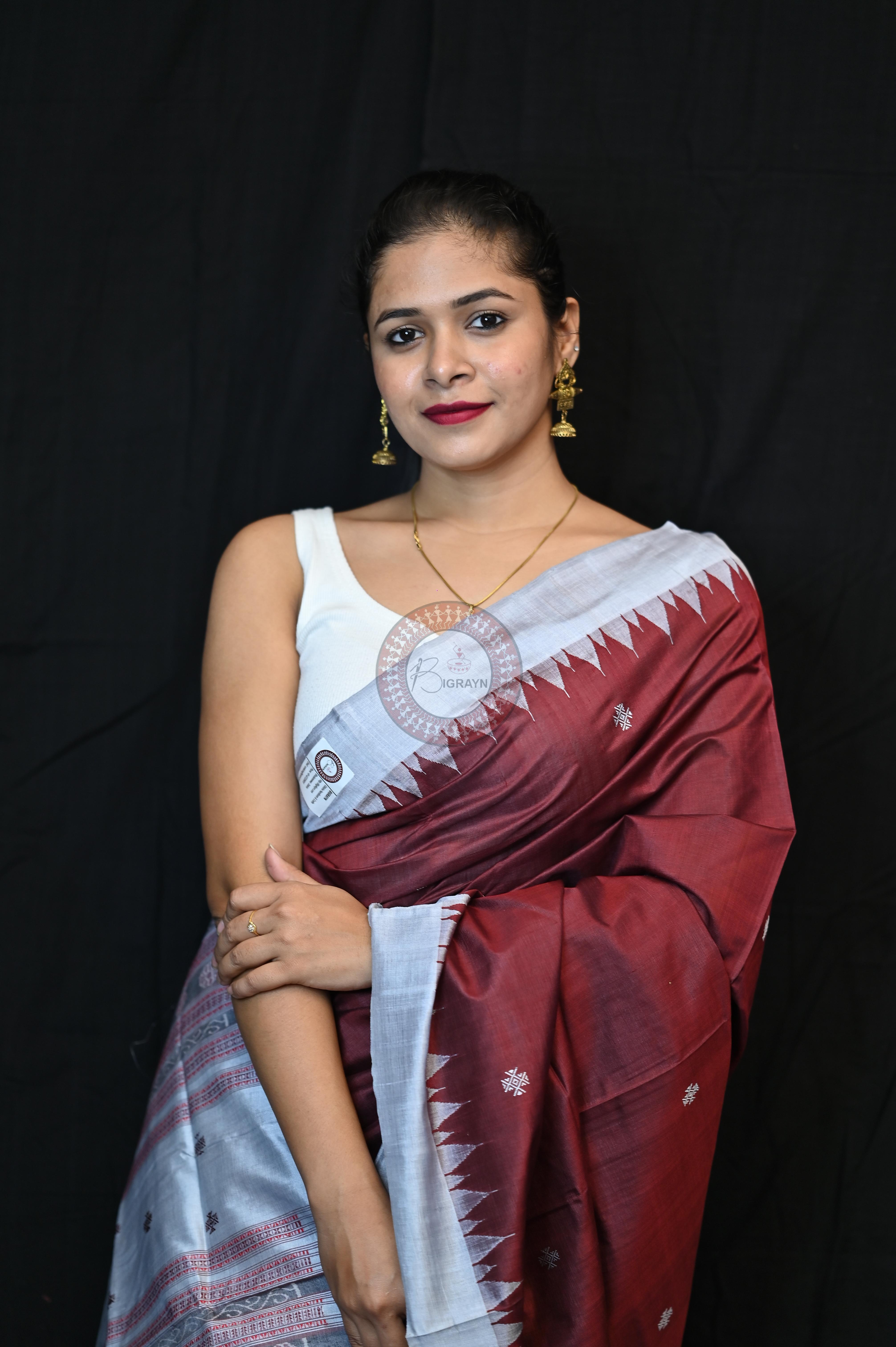 Maroon Silver Phoda Kumbha Tussar Silk Saree