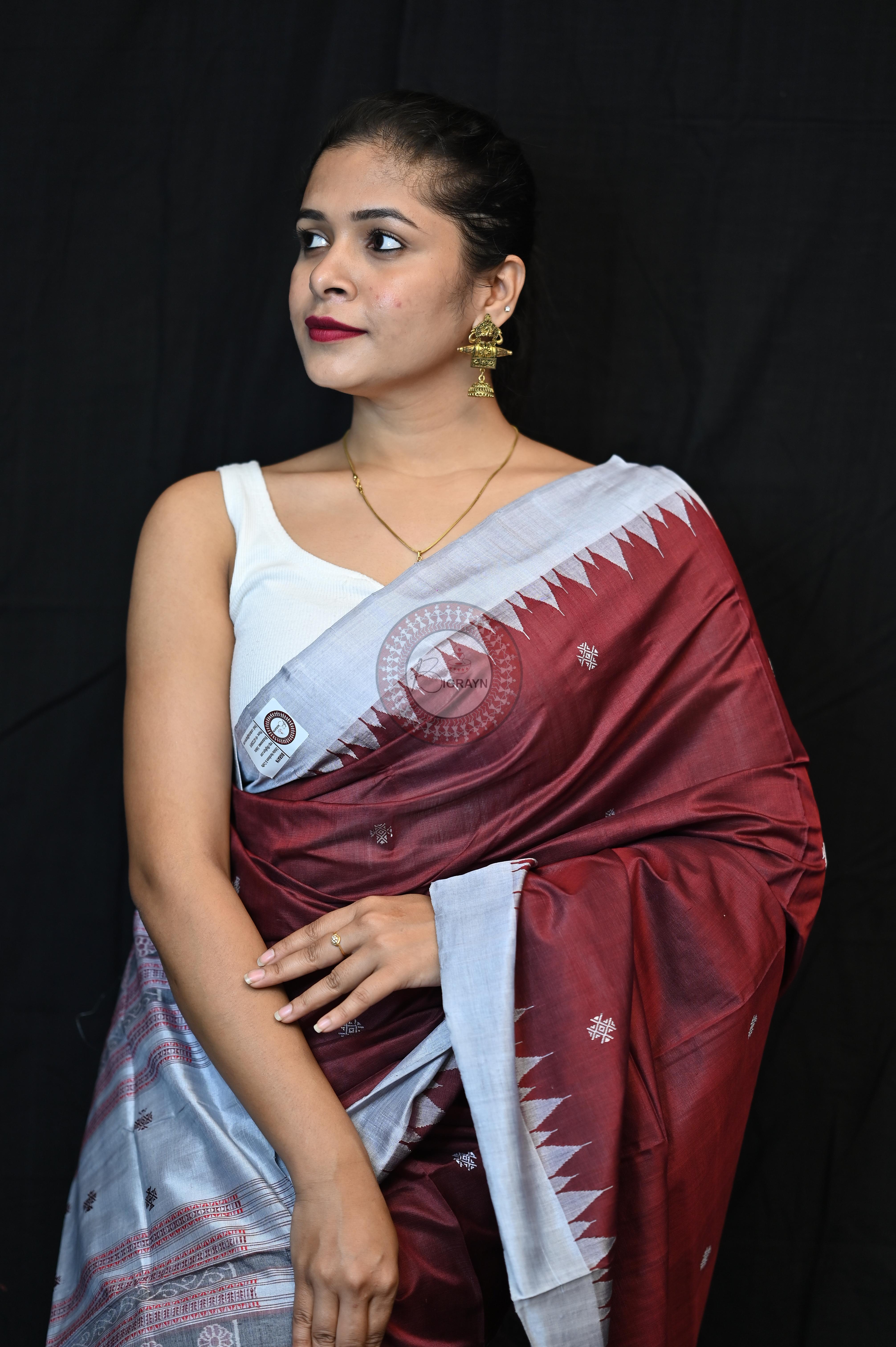 Maroon Silver Phoda Kumbha Tussar Silk Saree