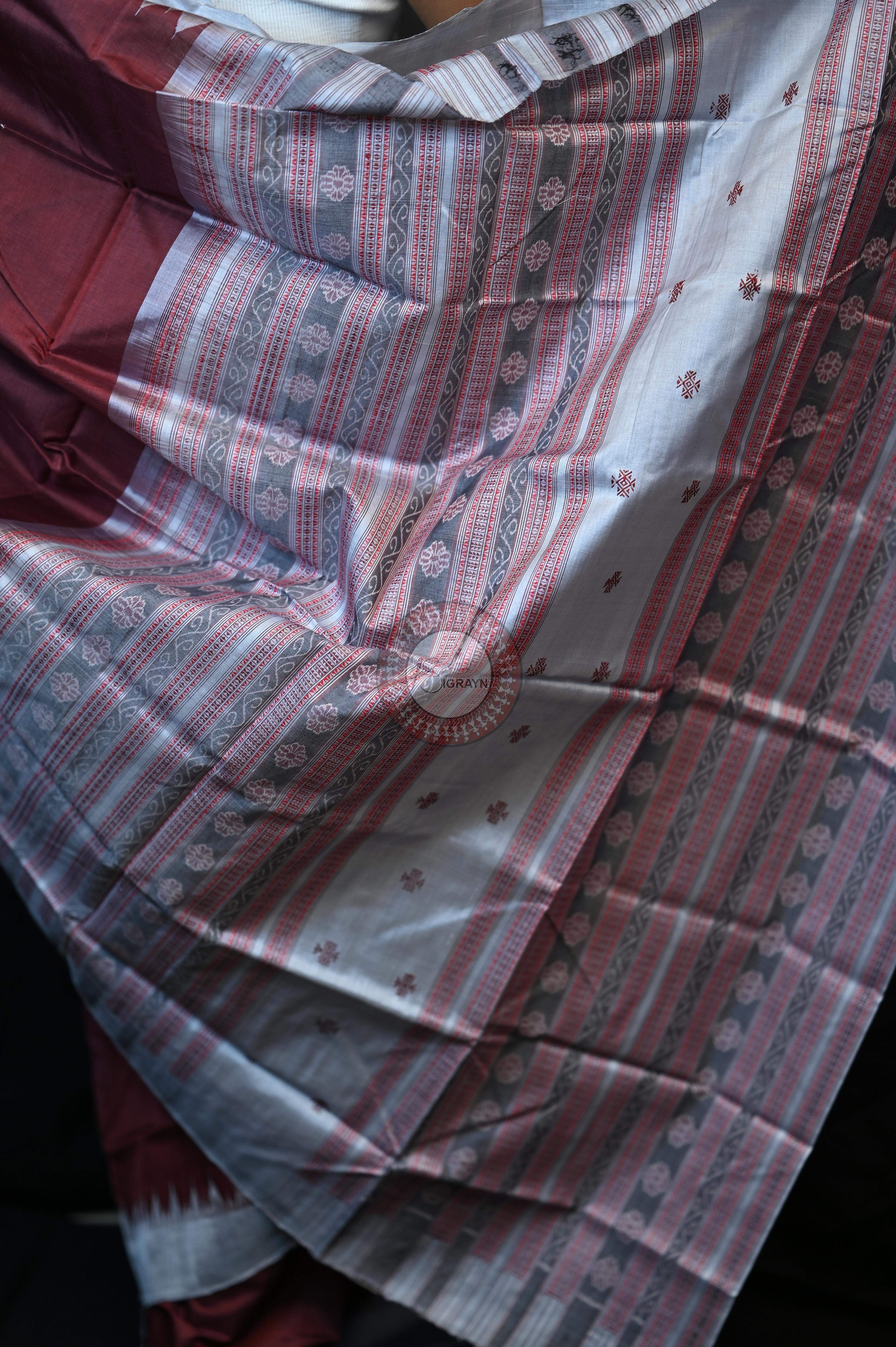 Maroon Silver Phoda Kumbha Tussar Silk Saree