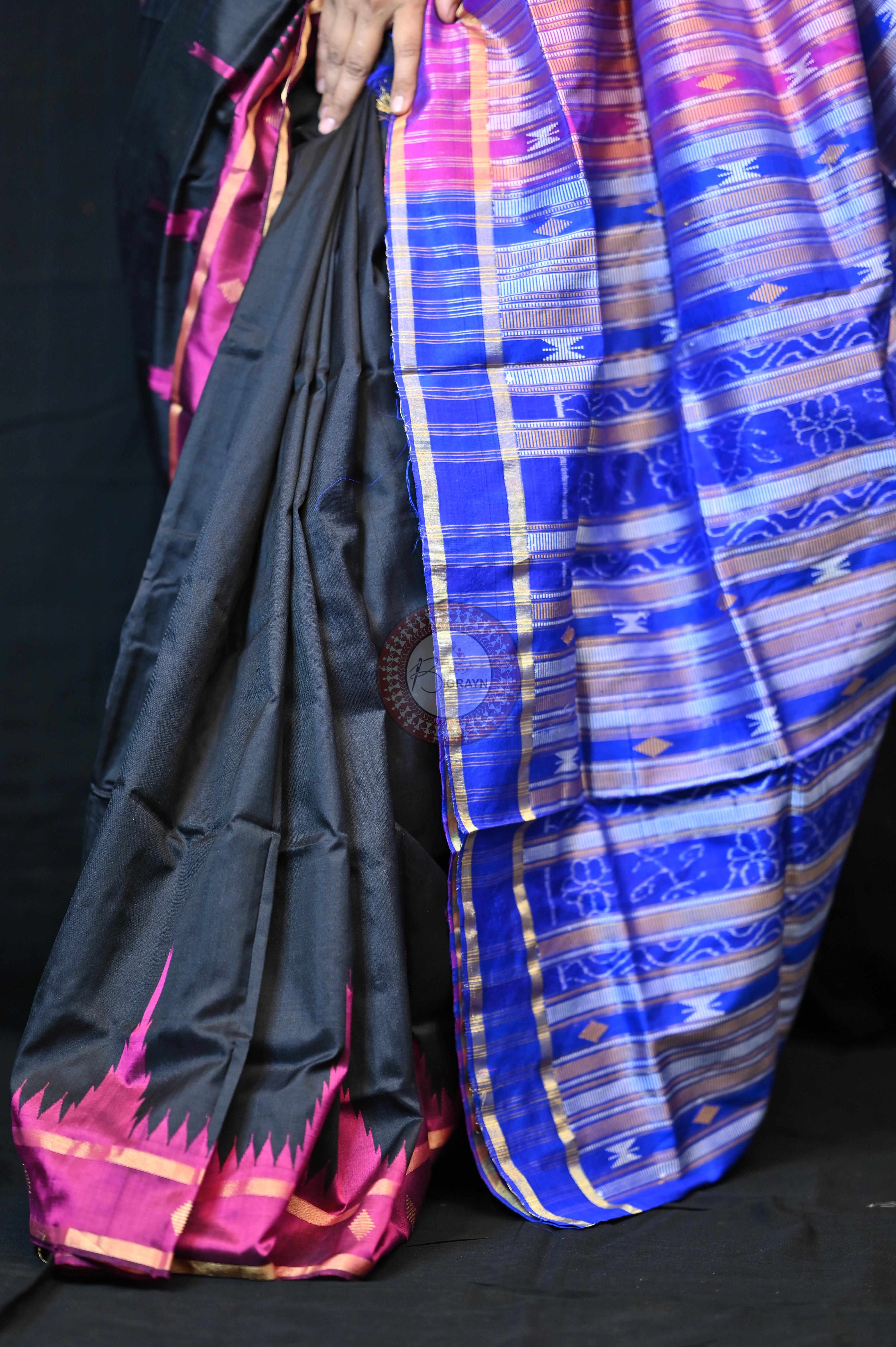 Black Magenta Phoda Kumbha Sambalpuri Silk Saree
