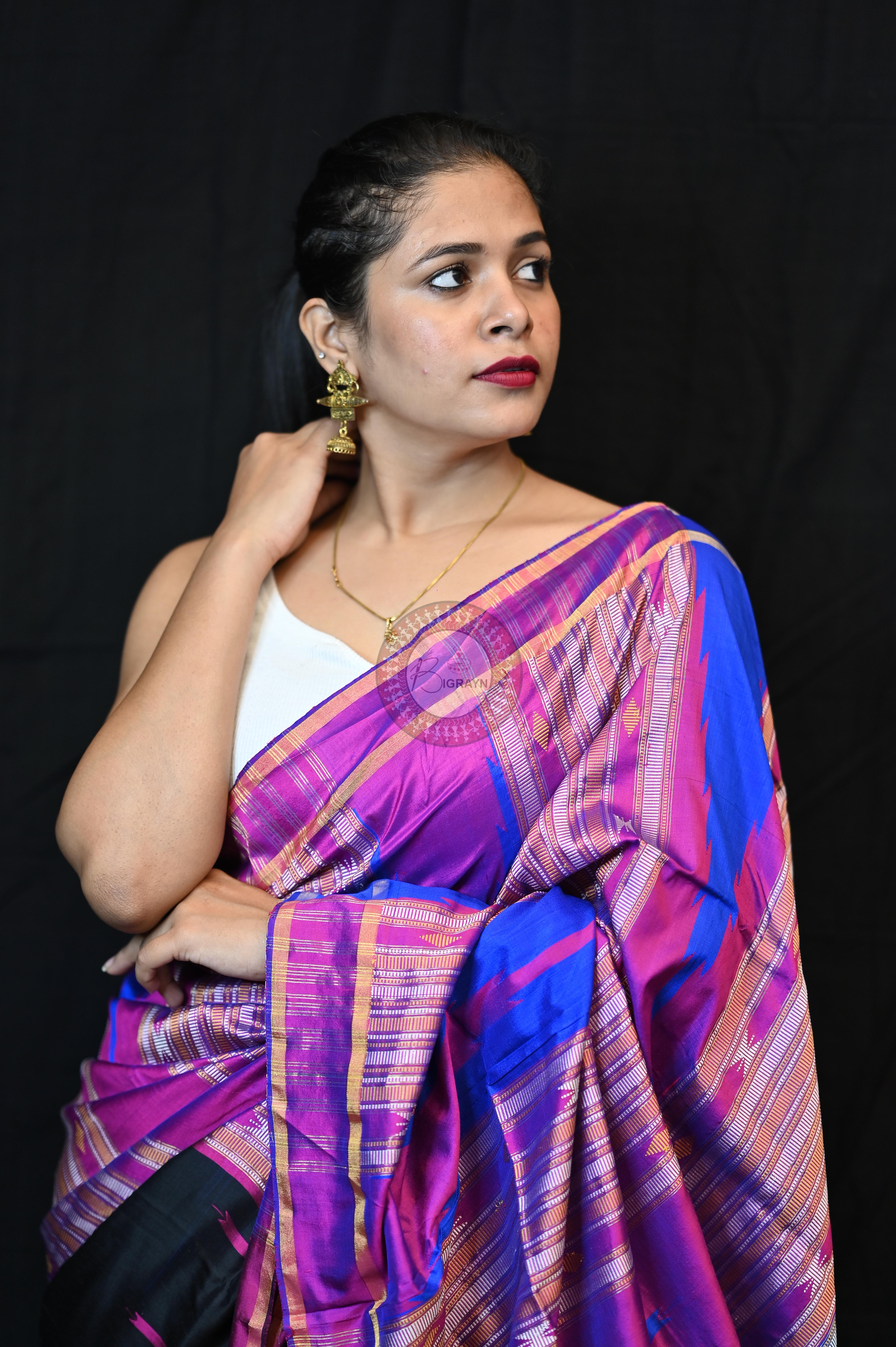 Black Magenta Phoda Kumbha Sambalpuri Silk Saree