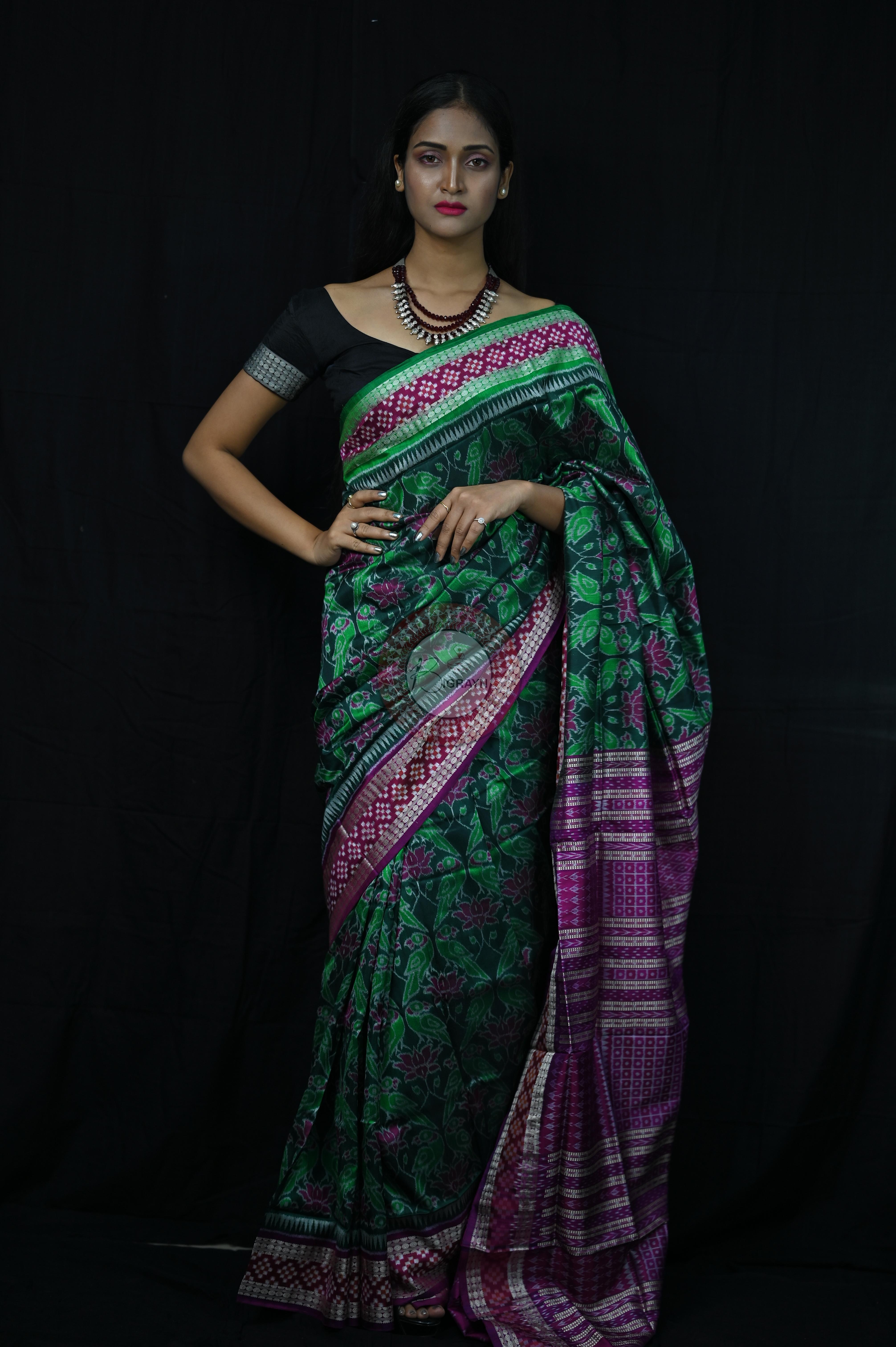 Green Magenta Lotus & Parrot Special Sambalpuri Silk Saree