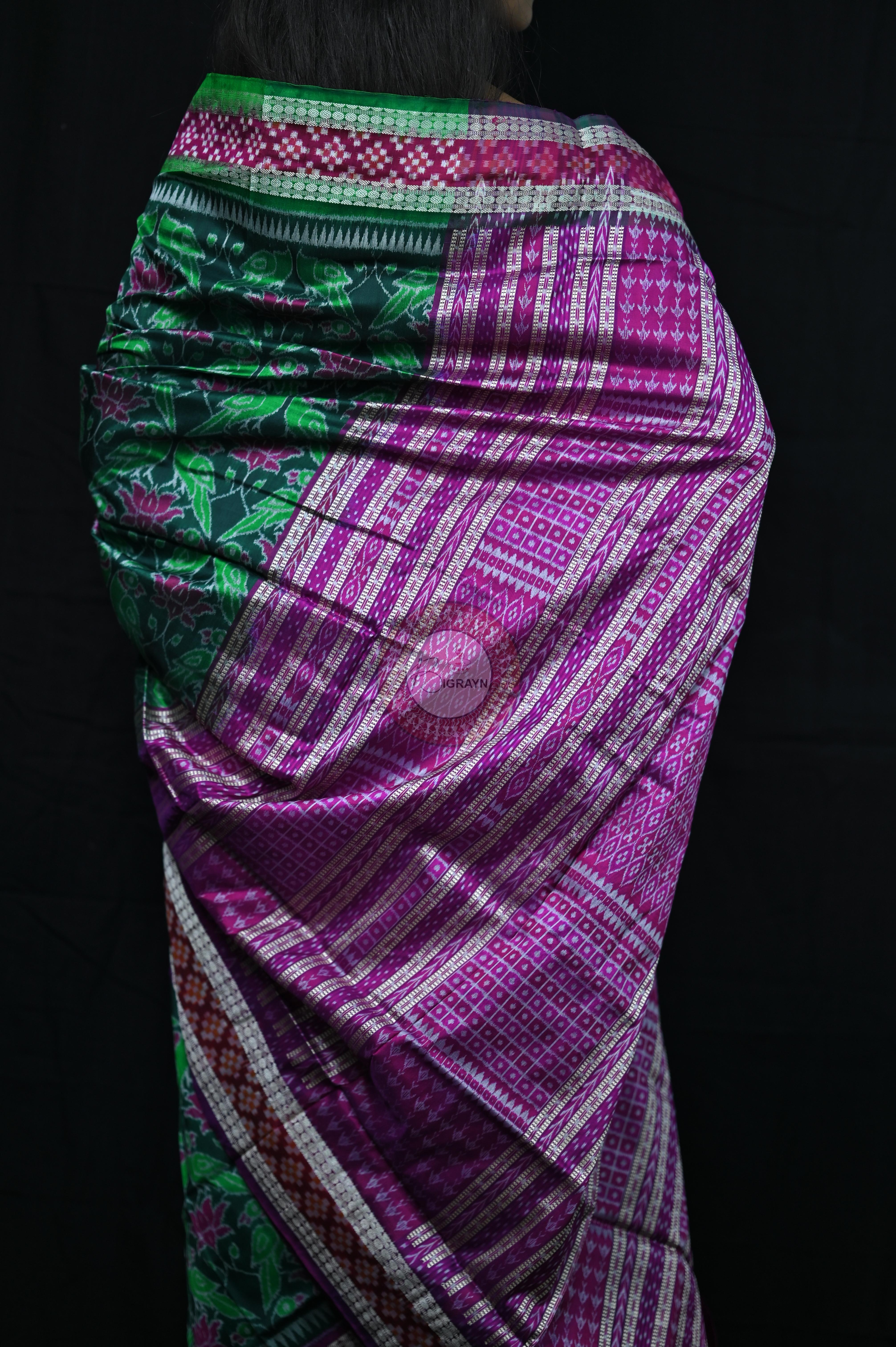 Green Magenta Lotus & Parrot Special Sambalpuri Silk Saree