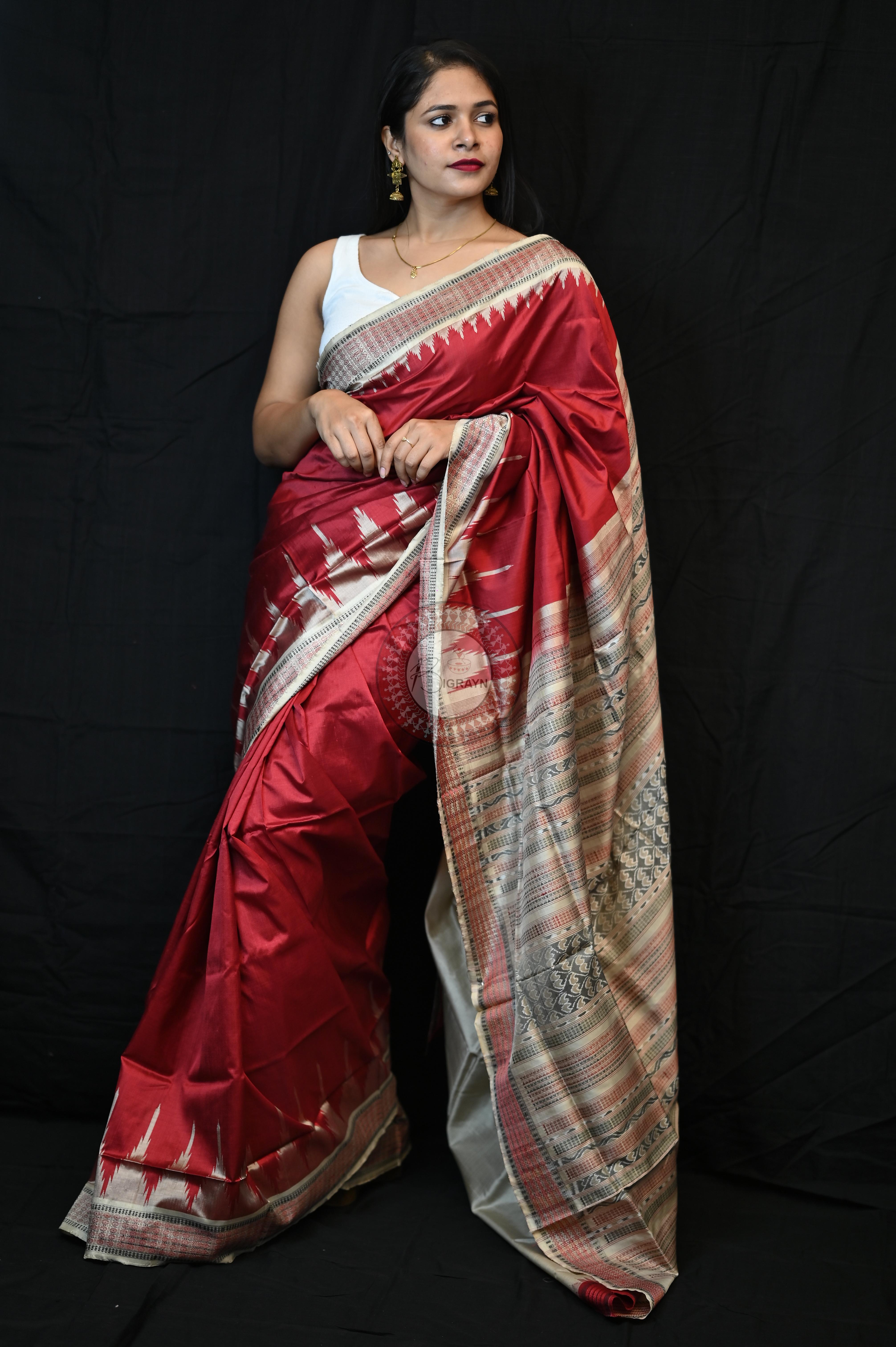 Maroon Cream Phoda Kumbha Sambalpuri Silk Saree