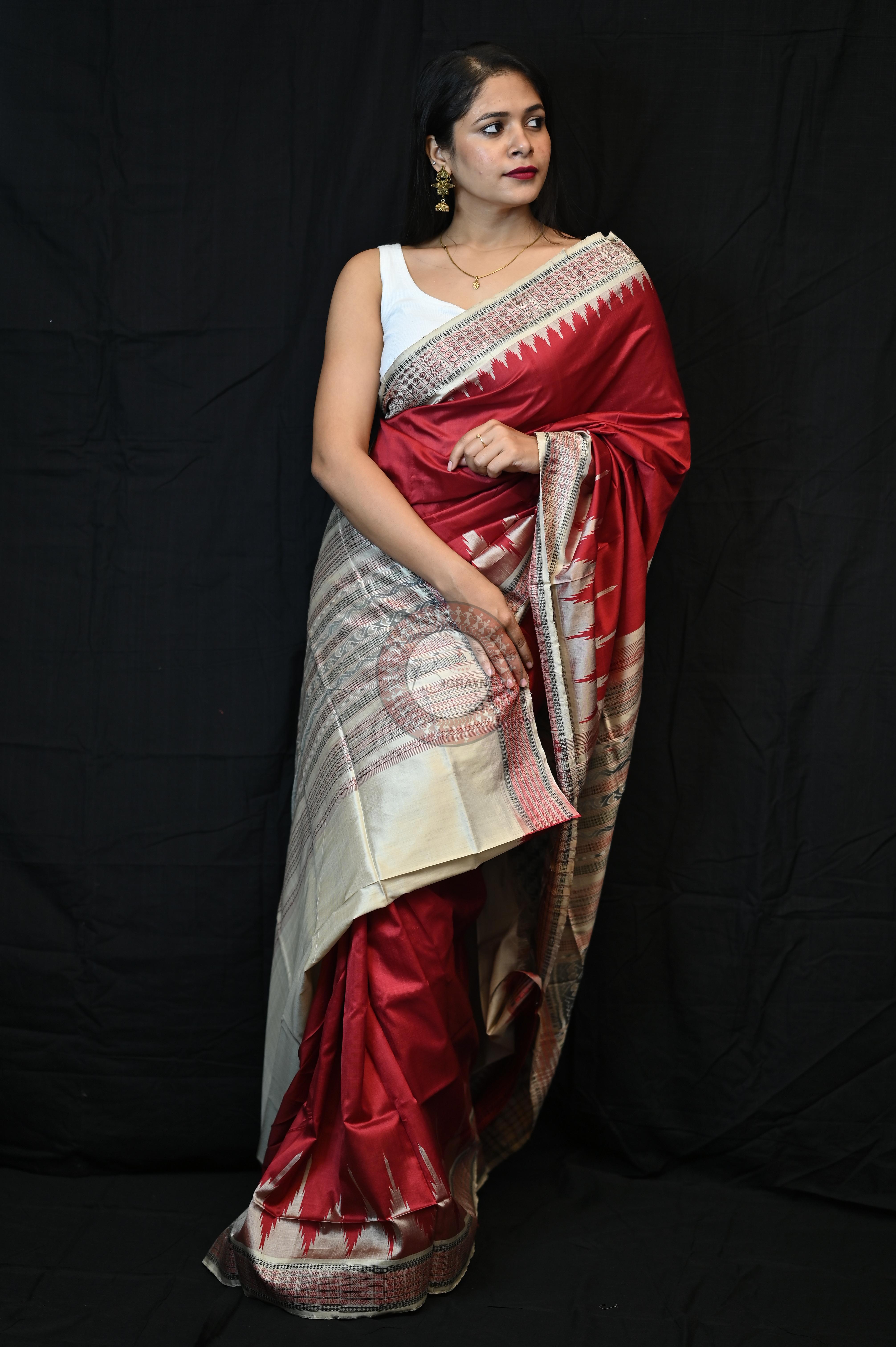 Maroon Cream Phoda Kumbha Sambalpuri Silk Saree