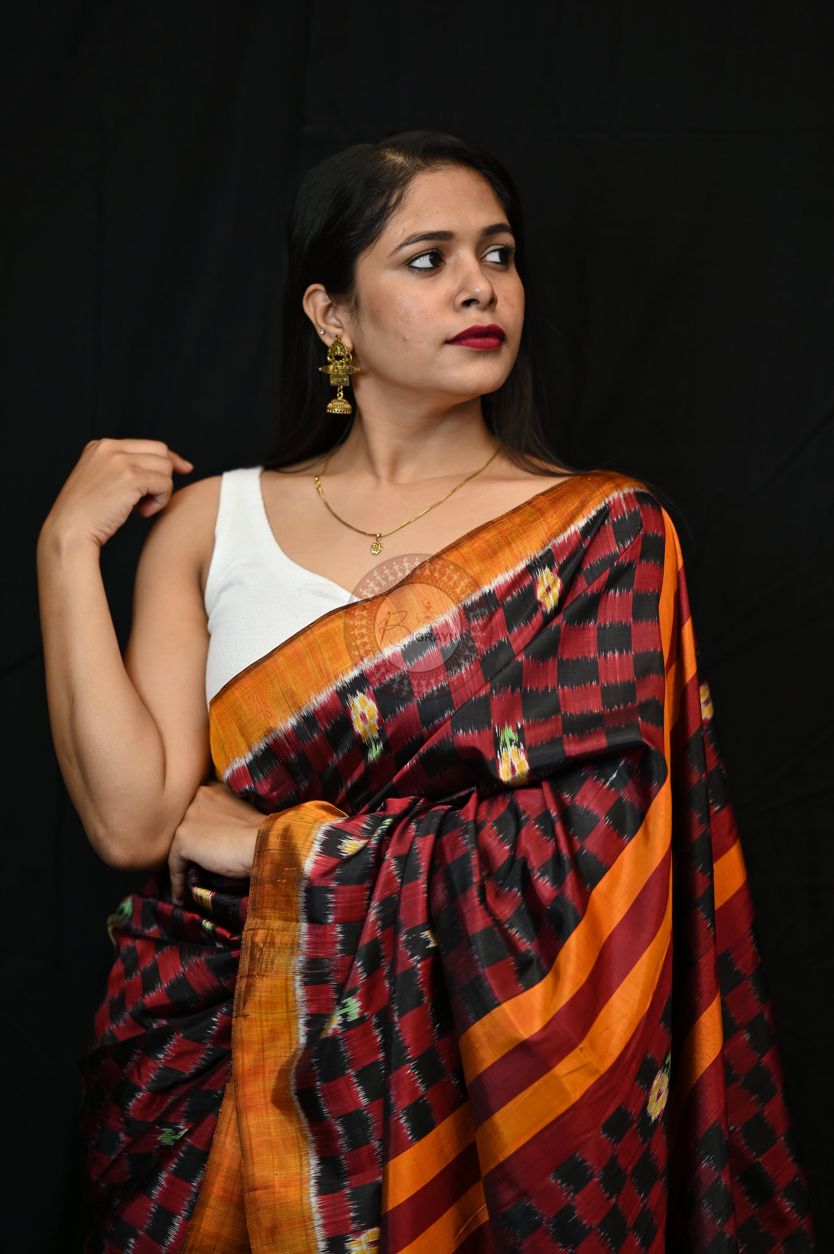 Red Black Squares Flower Mulberry Silk Saree