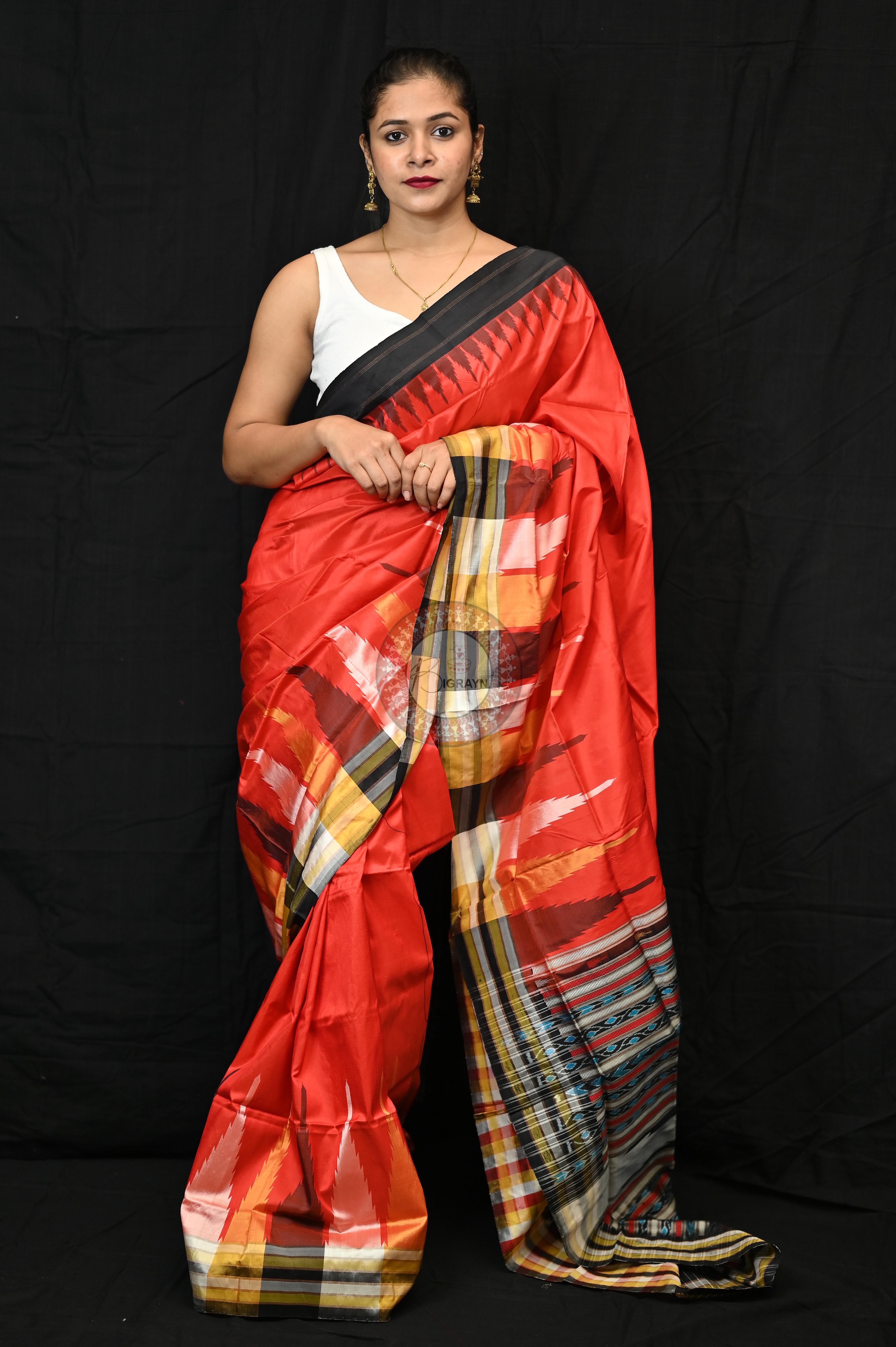 Orange Black Phoda Kumbha Sambalpuri Silk Saree