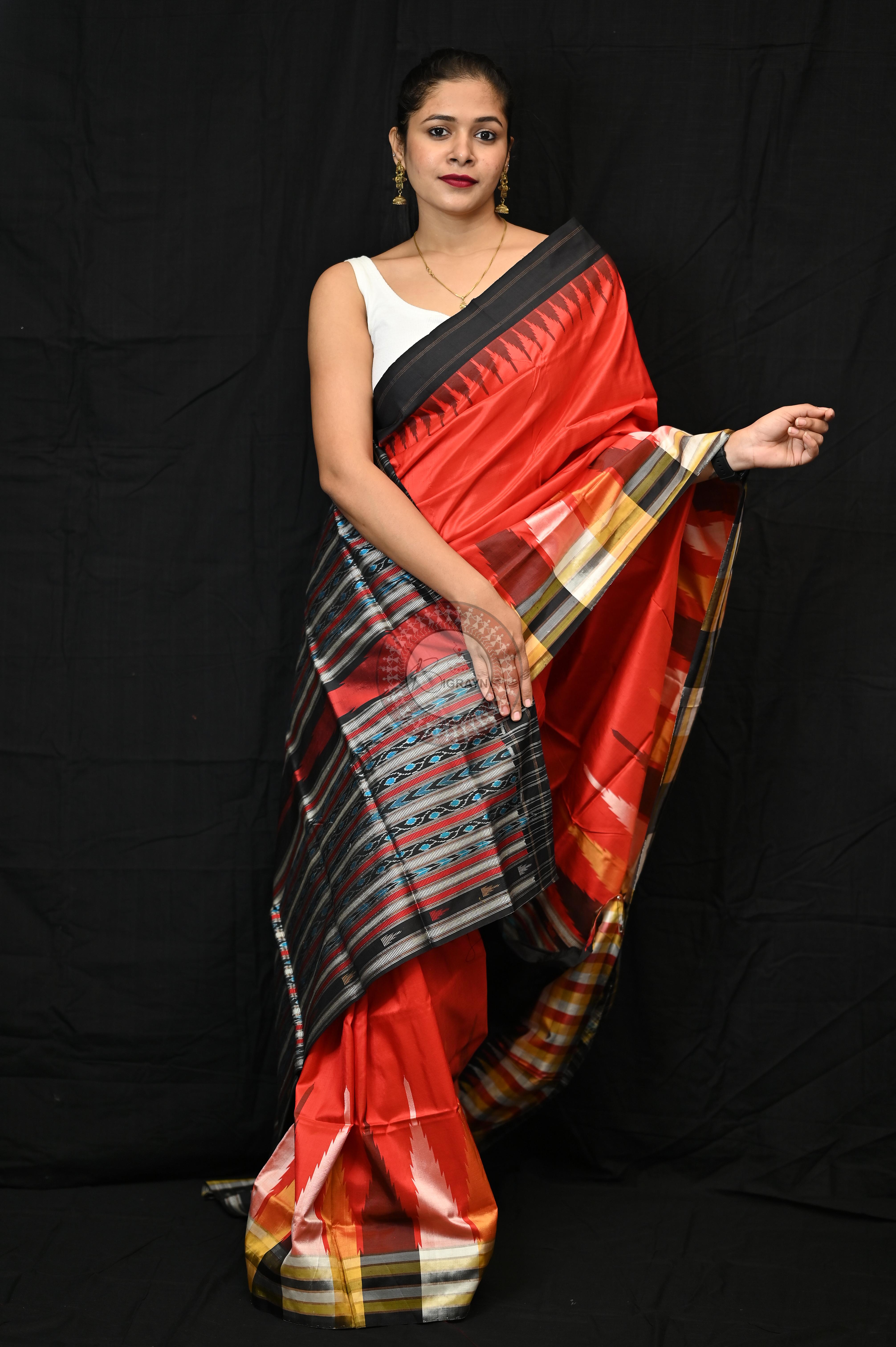 Orange Black Phoda Kumbha Sambalpuri Silk Saree